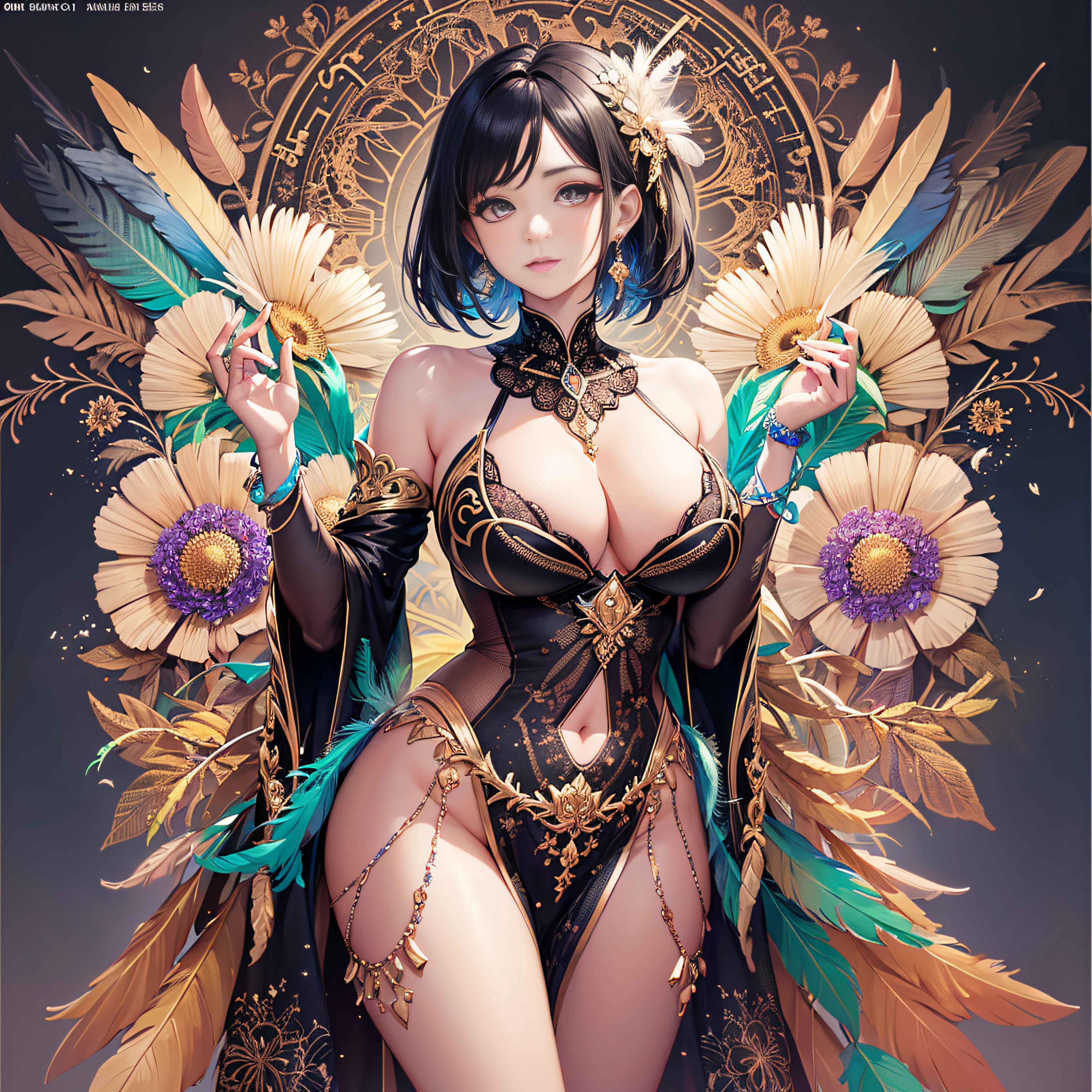 girl with, Big breasts, Bare shoulders,, colorful feather, metal ornaments, Colorful flowers, Particle, light, (masutepiece, of the highest quality, Best Quality, Official art, Beautiful and aesthetic:1.2), (1girl in:1.3), Extremely detailed, (Fractal Art:1.1), ( Colorful:1.1)(Flowers:1.3),highest details,(Zentangle:1.2), (Dynamic Pose), (Abstract background:1.3), (Shiny skin), (Many colors:1.4), (earrings:1.4), (Feathers:1.4), Full body image
