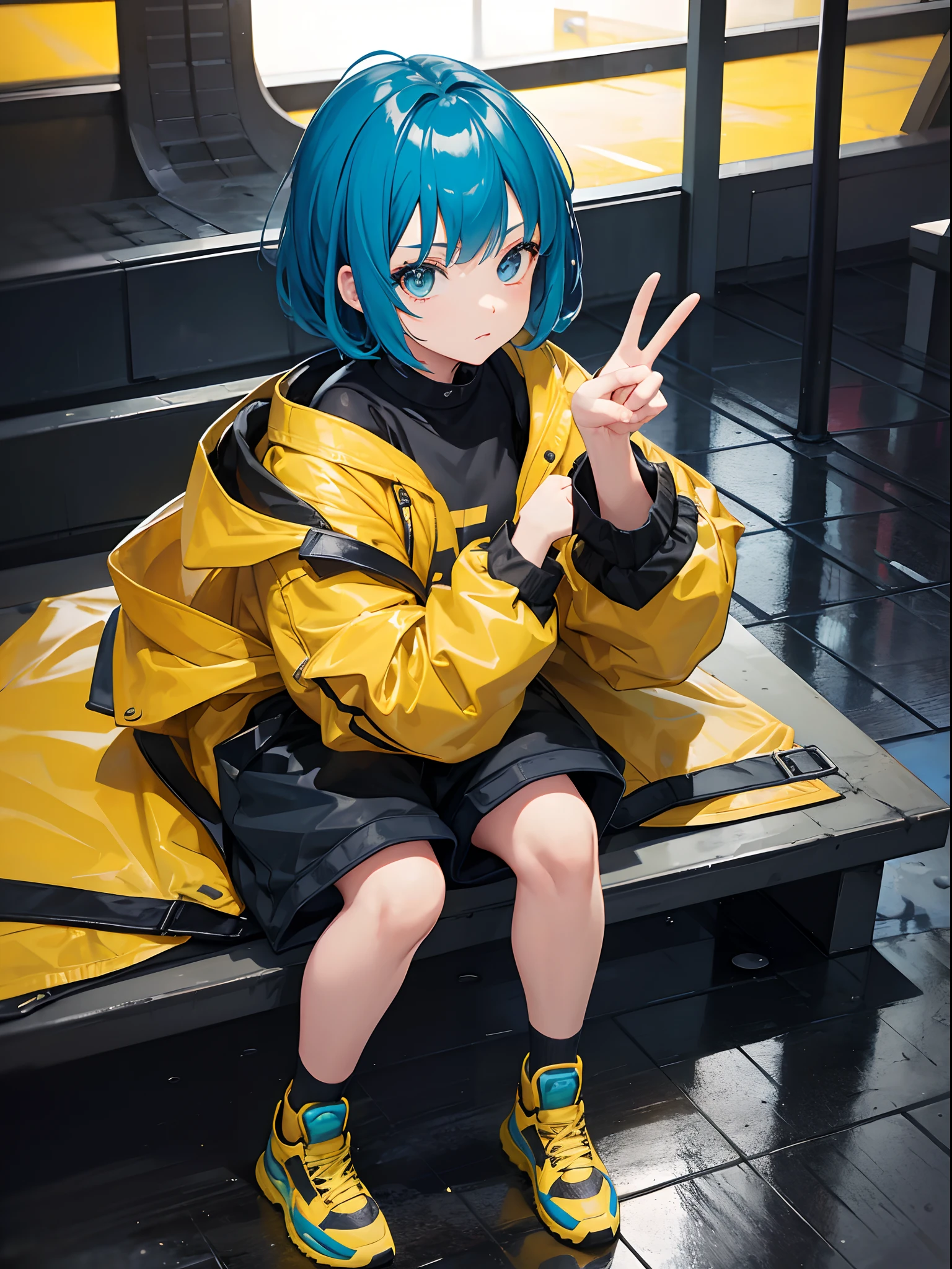 Girl, oversized jacket, yellow and black jacket, short pants, teal hair, blue eye, sit down pose, rainy, peace hand sign, flat background, detailed