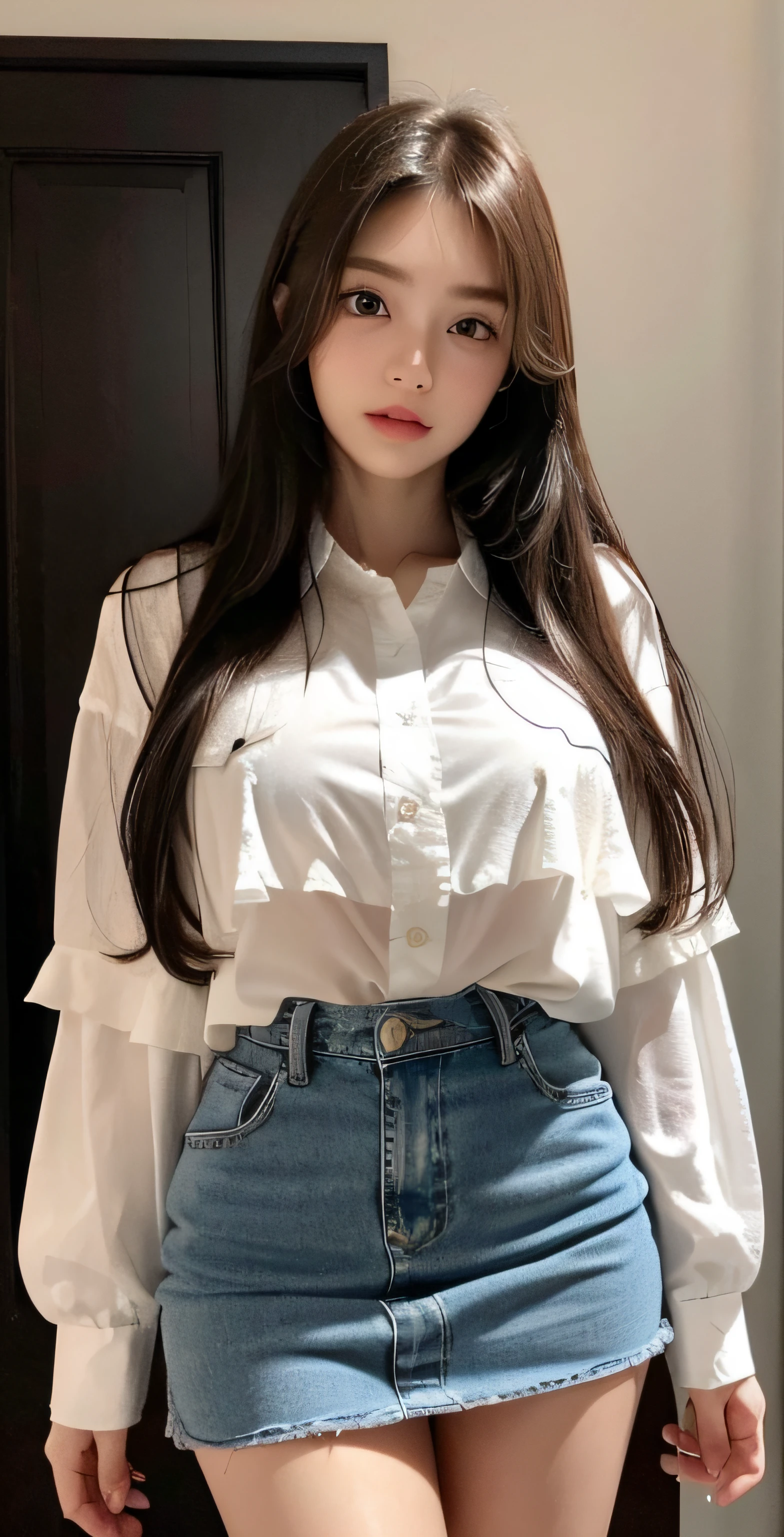 ((Best quality, 8K, Masterpiece :1.3)), Sharp focus :1.2, A beautiful girl 22 years old,Perfect figure :1.4, Slender abs :1.3, RAW photography、超A high resolution, full bodyesbian, White skin of the、Shiny white skin、(Wavy blonde hair)、Dark brown hair、Ultra-fine eyes, super fine hand, Ultra-thin fingers、beautiful eyes of random colors、Very thin lips, finedetail、Elongated eyes、pale pink blush、long eyelasher、beautiful double eyelid、Lighting that emphasizes beautiful skin、Brightens skin 2, ((layered long hair, Big breasts :1.2)), Open shirt show , (Delicate pantyhose ), (ssee-through ), ((A white tight-fitting shirt with simple details)), ((Detailed face )), ((Delicate mini skirt)) , Luxury office :1.4, Highly detailed face and skin texture, Detailed eyes, 二重まぶた, Let the whole body, Long legs