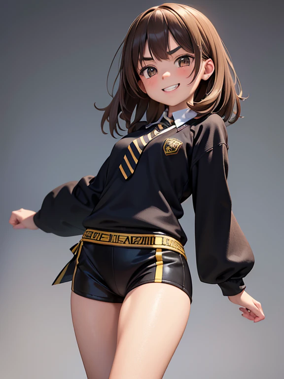 Realistic photo of an 11-year-old girl of European appearance(Yana Poplavskaya in childhood), disheveled shaggy brown hair of medium length, round face ; Large shiny dark brown eyes, long eyelashes, thick eyebrows; mischievous, Carefree, cheerful; cheerful, mischievous hooligan look, radiating genuine delight; big mouth, Large teeth; A wide hooligan grin, Showing a chipped front tooth; A direct look at the camera; athletic physique, well-defined muscles, velvety skin, Smooth natural tan; a beautiful teen-aged girl, (Early adolescence); dressed in the realistic official black robe of the Hogwarts School of Witchcraft and Wizardry, Hufflepuff Faculty(gold and black colors, striped tie); sporty figure, (Slight embarrassment), sneakers; Free pose ; Without cosmetics; Professional studio photography with a film SLR camera("Zorkiy-4"), hight resolution, Natural Realistic Detailed Skin Texture, natural lightin, 8K, Texture of the photo card, Maximum photorealism, Full-length photo on a gray background