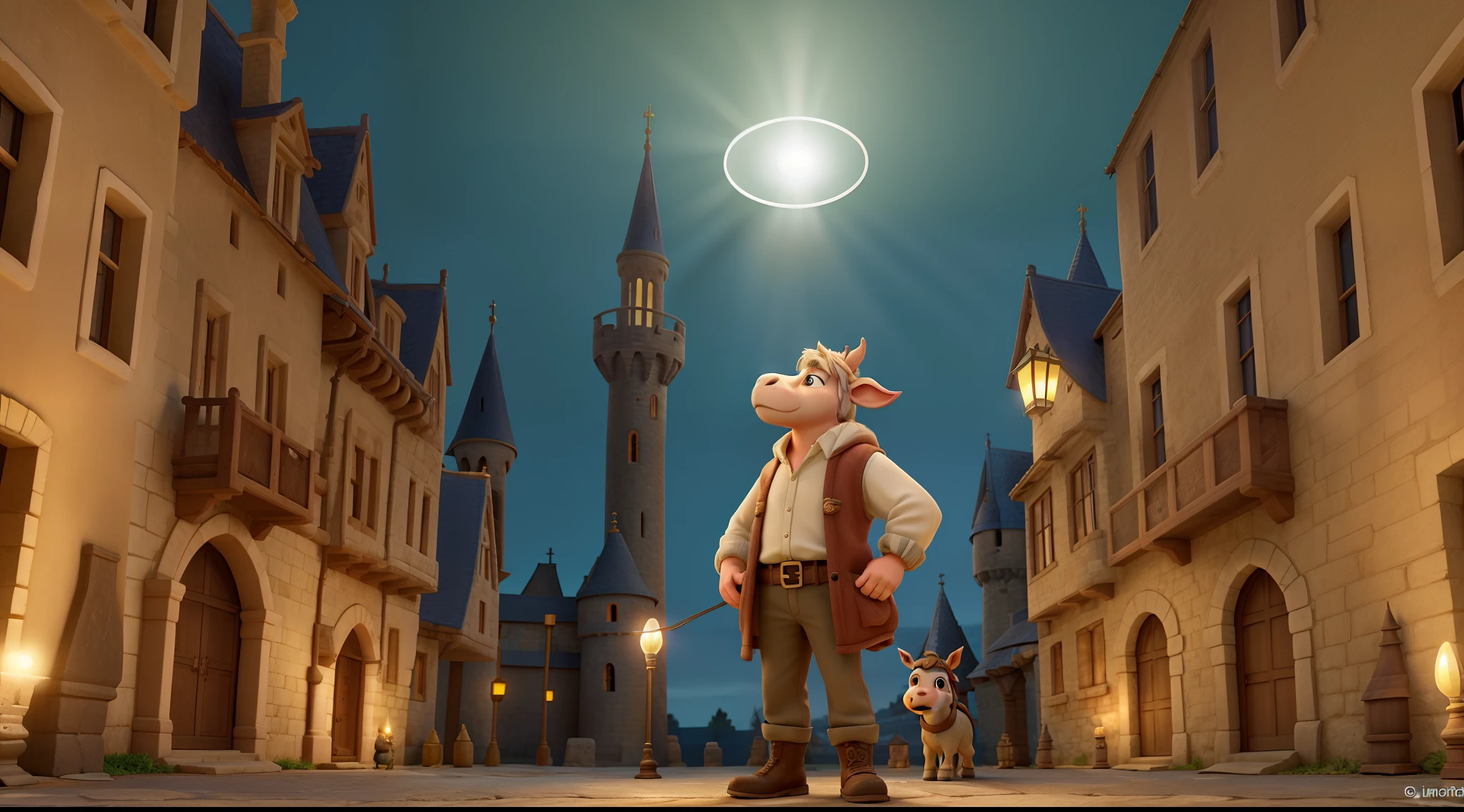 A wise of donkey man standing in front, illuminated by the light of a lamp, against the backdrop of castle.  wise of donkey standing in front, illuminated by the light of a lamp, against the backdrop of castle