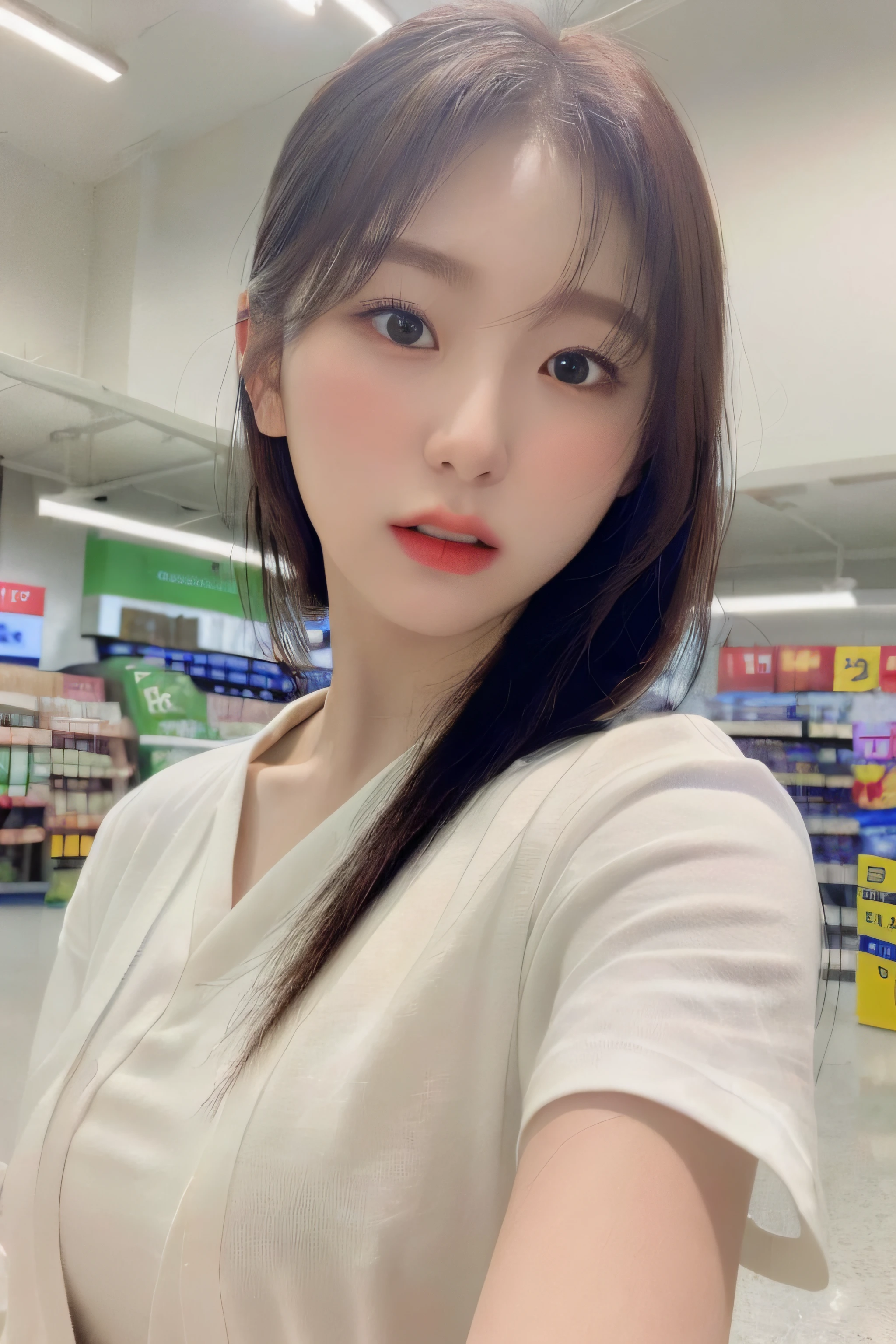 1girl, (at supermarket:1.2), ((white shirt:1.2)), RAW photo, (photorealistic:1.37, realistic), highly detailed CG unified 8K wallpapers, looking at viewer, (((straight from front))), (HQ skin:1.8, shiny skin), 8k uhd, dslr, soft lighting, high quality, film grain, Fujifilm XT3, ((upper body:1.6)), (professional lighting:1.6)