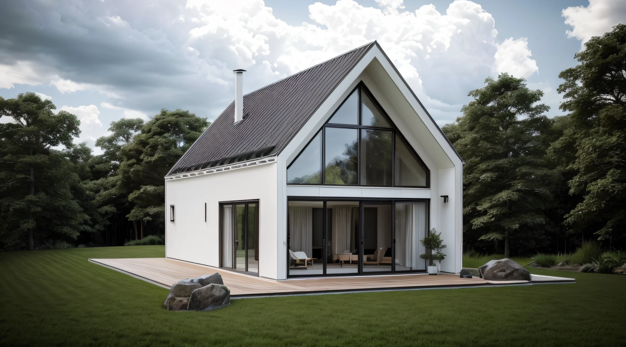 The image depicts a small, modern white house located in the tranquility of a countryside or forest setting. This house is characterized by its black roof and large windows. Further enhancing its modern aesthetics, the house appears to be made from various materials including possibly wood and metal. In front of the house, a well-maintained lawn is decorated with large stones arranged on its sides, providing natural accents to the landscape. Additionally, white chairs and a black table create a sitting area on the lawn, further echoing the serene atmosphere. The house is framed by trees in the background, adding to the sense of seclusion. The sky above is overcast, enhancing the peaceful and fresh ambience of the scene.