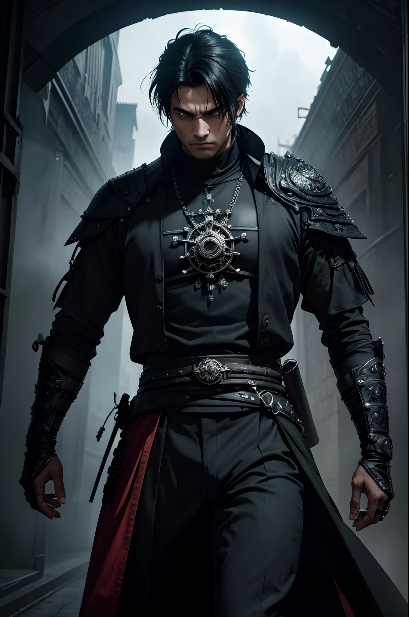 high resolution UHD, Futurism style mixed with Gothic Art. No mundo tumultuado de Samurai Fadel, onde a honra se perdeu, He walks alone in a gloomy futuristic setting. Gothic structures blend with futuristic elements, creating a unique atmosphere. O Samurai, com sua postura firme, faces the moral decay around him. A scene of melancholy and loneliness in a world that has lost its virtues.