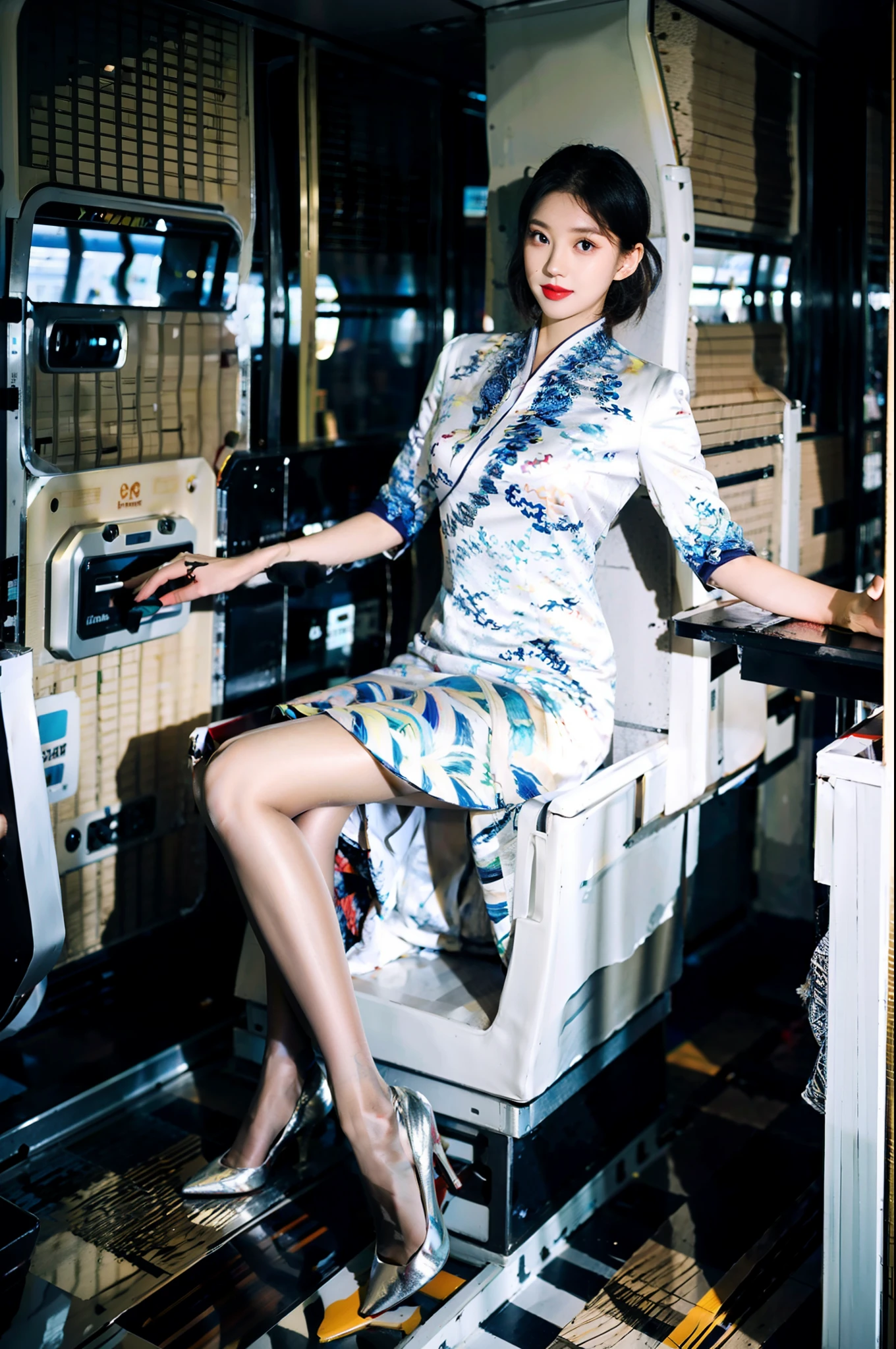 Stiletto heels，Single ball hairstyle，Heavy makeup，Redlip，White skin，mature，full bodyesbian，Long legs，You can see the whole body，Ultra-thin flesh-colored pantyhose，Flight attendant cheongsam uniform，in an airplane，8K，Ultra-real