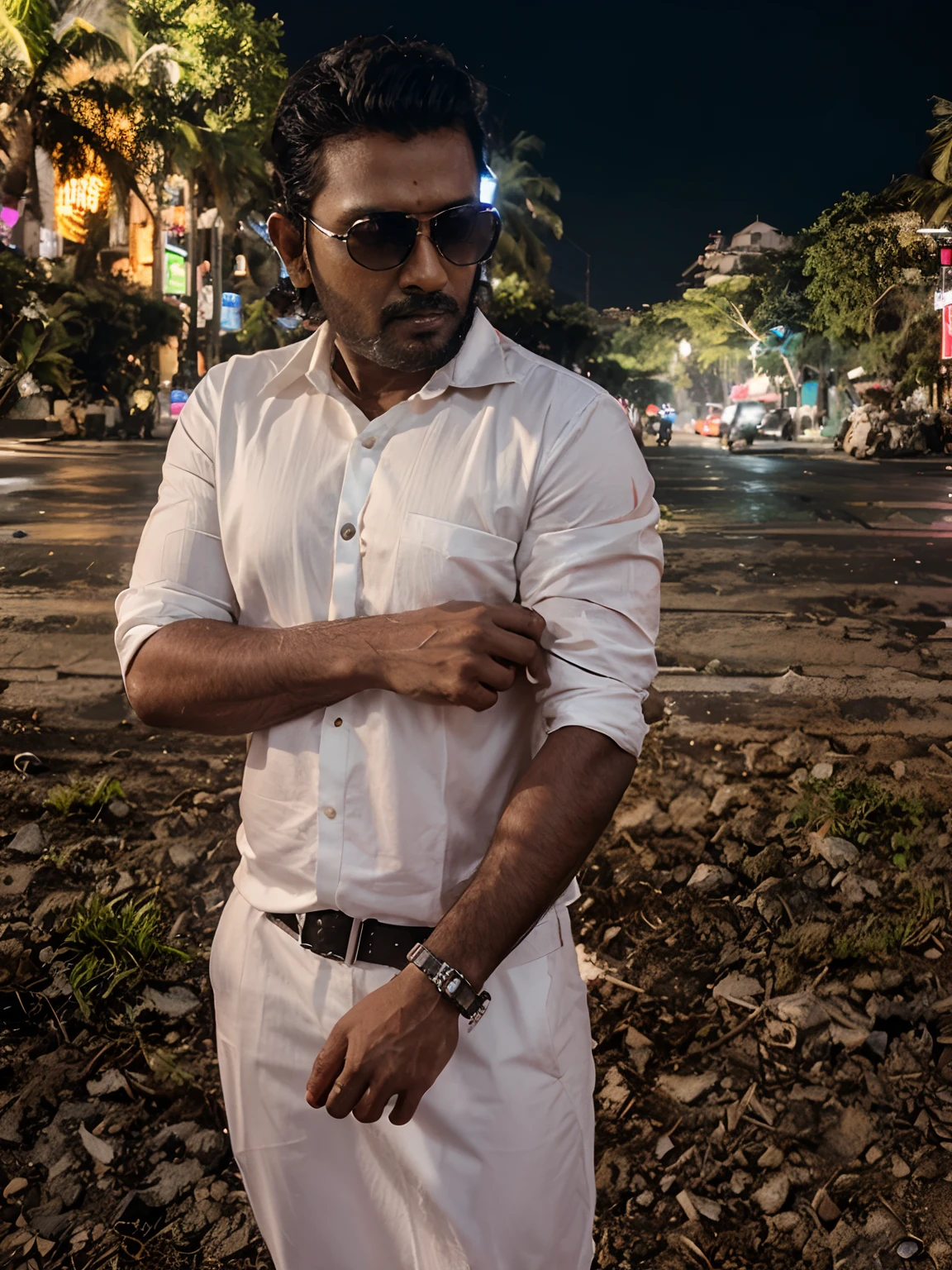 south indian filmstar, ultra realistic face, cyberpunk background. Ultra 4k photo.
