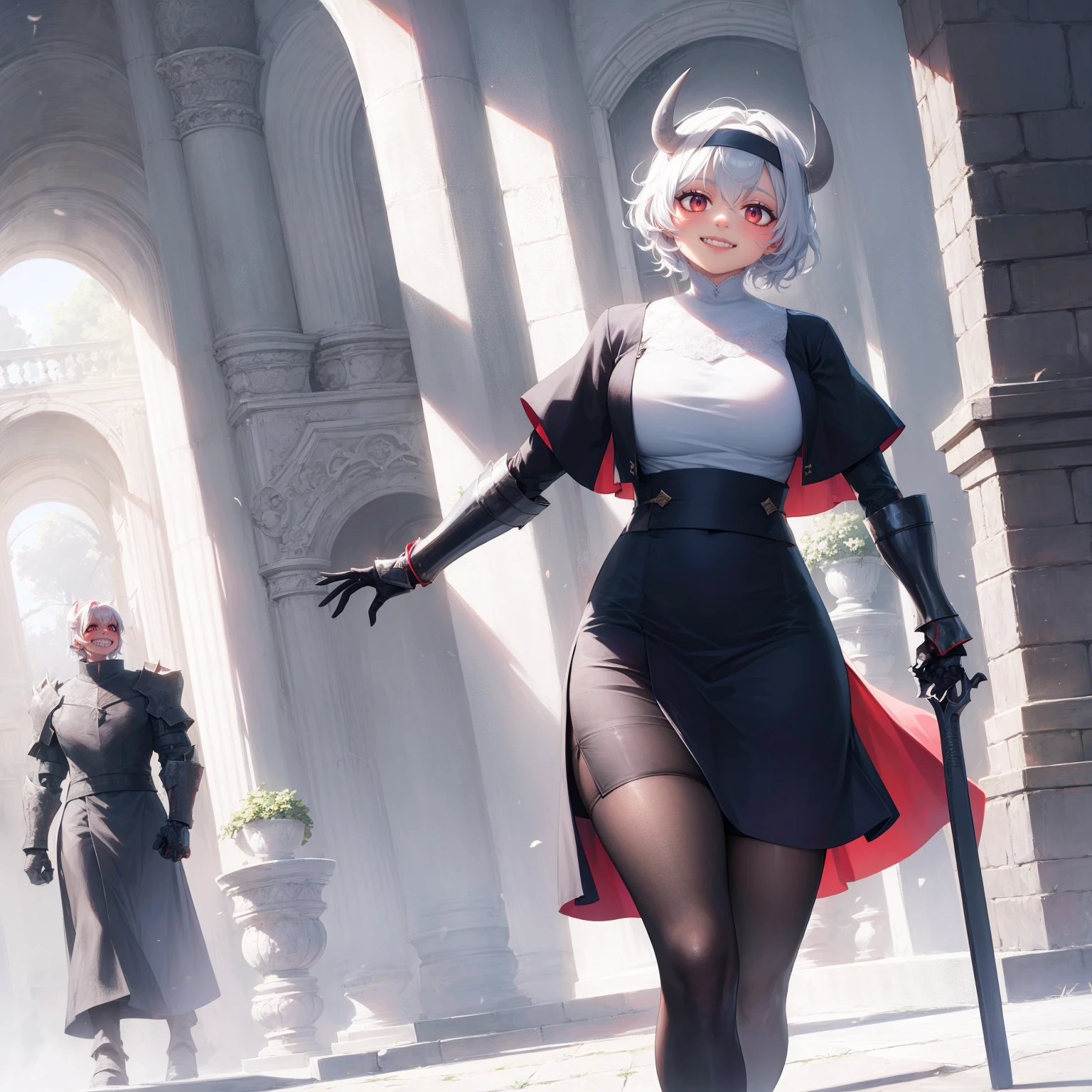 nun, demon girl, walking, bimbo, warpriesstes, silver hair, short hair, sacred gauntlets, long ski, cute smile, pure smile, love smile,,veillong skirt, pantyhose
