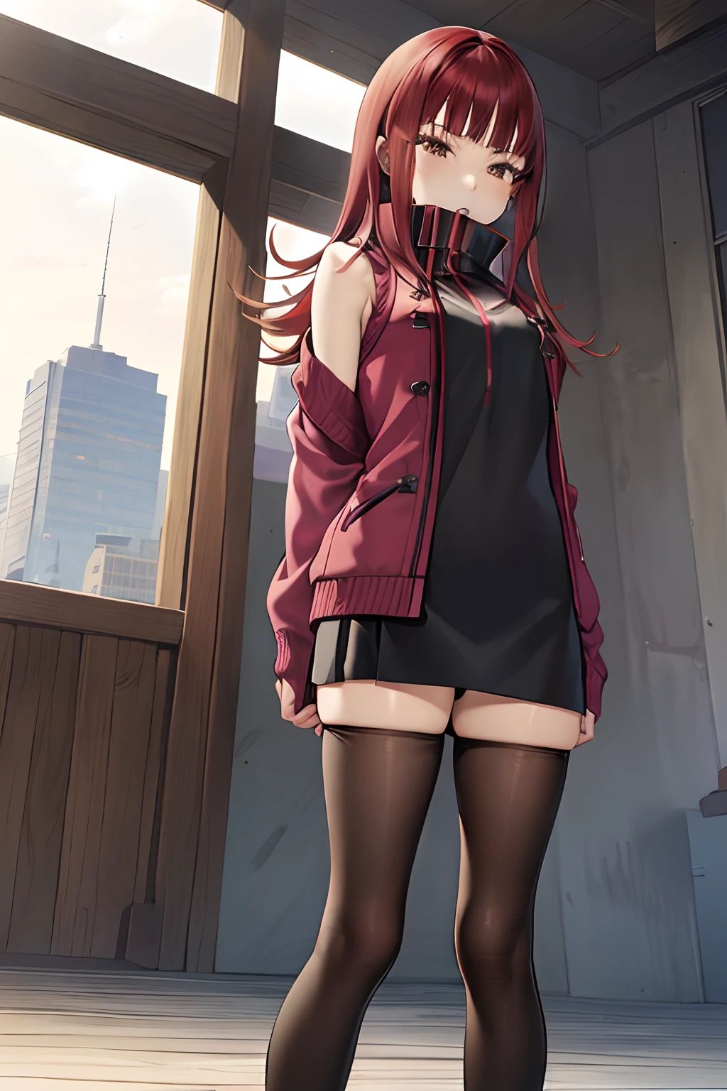 masutepiece, Best Quality, absurderes, Perfect Anatomy, 1girl in, Solo, Yoko Katori, Long hair, Knitted Outerwear、((a miniskirt)), ((pantyhose))、((long boots))、((sleeveless jacket))、((Photo from below))、((Show panties))、((Step on the viewer))