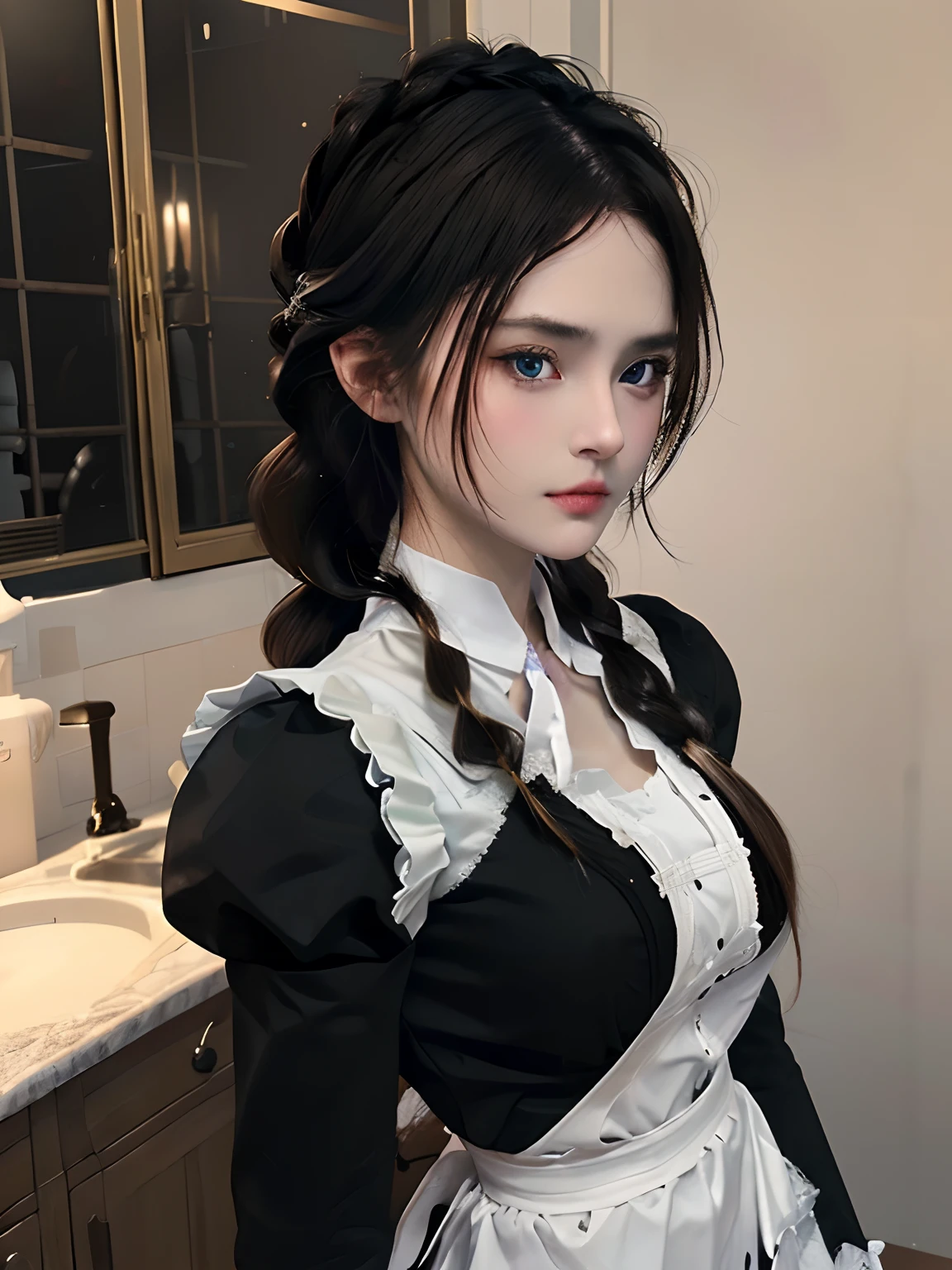 8K, masutepiece, Highly detailed, Solo, Breathtakingly beautiful Germanic 1girl, (Mature Woman), (maid), (french braids),