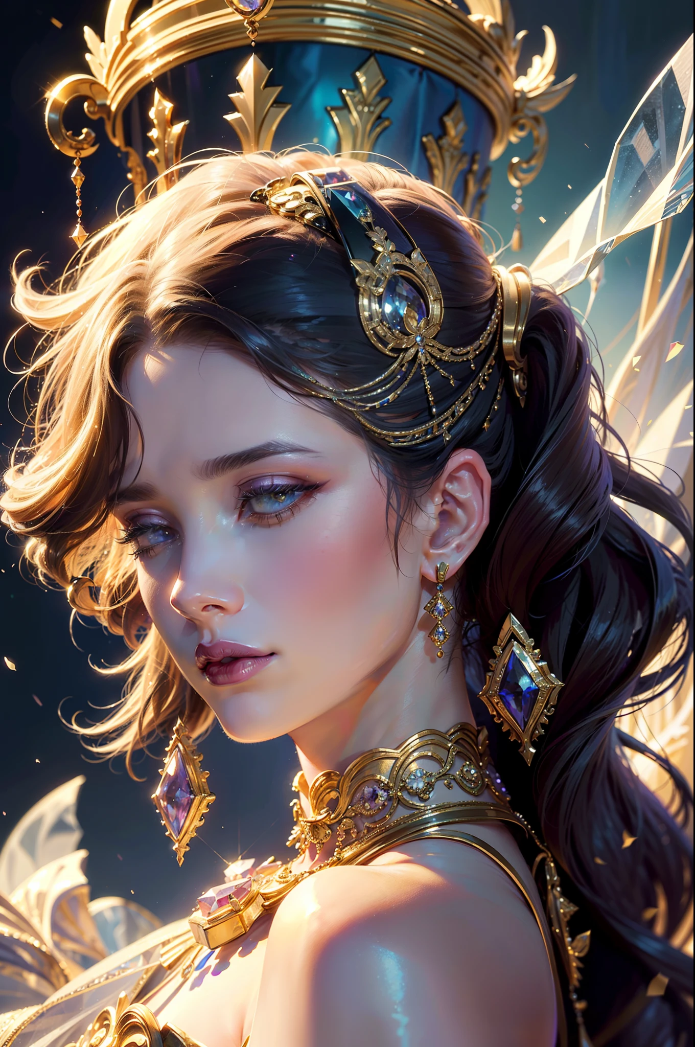 (Best quality,8K,A high resolution,Masterpiece:1.2),Ultra-detailed,(Realistic,Photorealistic,photo-realistic:1.37),Portrait,Creative style artwork,Historical,classical,Sophisticated,plethora of colors,Highly detailed,Soft lighting,luxurious environment,detailed gown,Vibrant flowers,detailed jewellery,Ethereal atmosphere,Elegant Pose,Graceful curves,Gold body proportions,Flowing hair,Breathtaking textile patterns,Harsh purple eyes,Delicate floral decoration,A dazzling array of crystal accessories,Mysterious and dreamy atmosphere,Impeccable attention to detail.