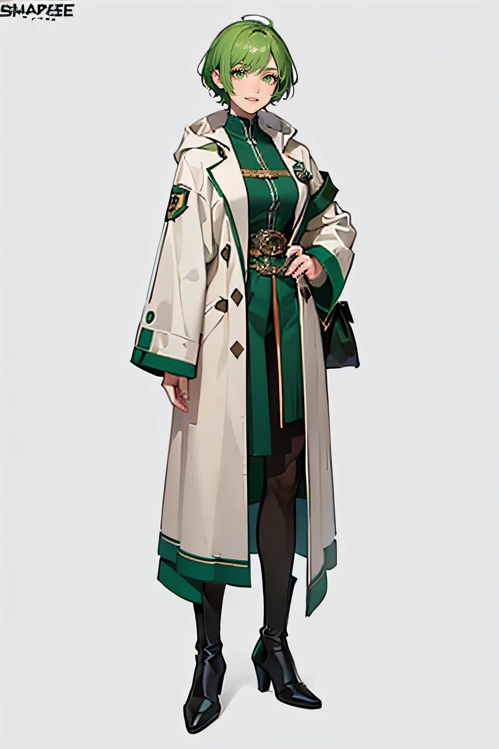 ((masterpiece,best quality,8k,highres)),((character concept art)), 1 female, adult, guider, 180cm tall, extraordinary gorgeous, great smile, shapely breasts, hourglass body shape ((muscular)), ultra finely detailed eyes(green eyes colour), intricate details, short pixie cut hairstyle ((green hair colour)), super finely detailed hands, ultra finely detailed fingers(((ten fingers))), secret agent outfit (white colour), white coat, white boots, standing still, hand still, no hand gesture, full body showcase, (show full body), (no logos on background), (no logo), ((simple background)), ((plain background)), (((empty background)))