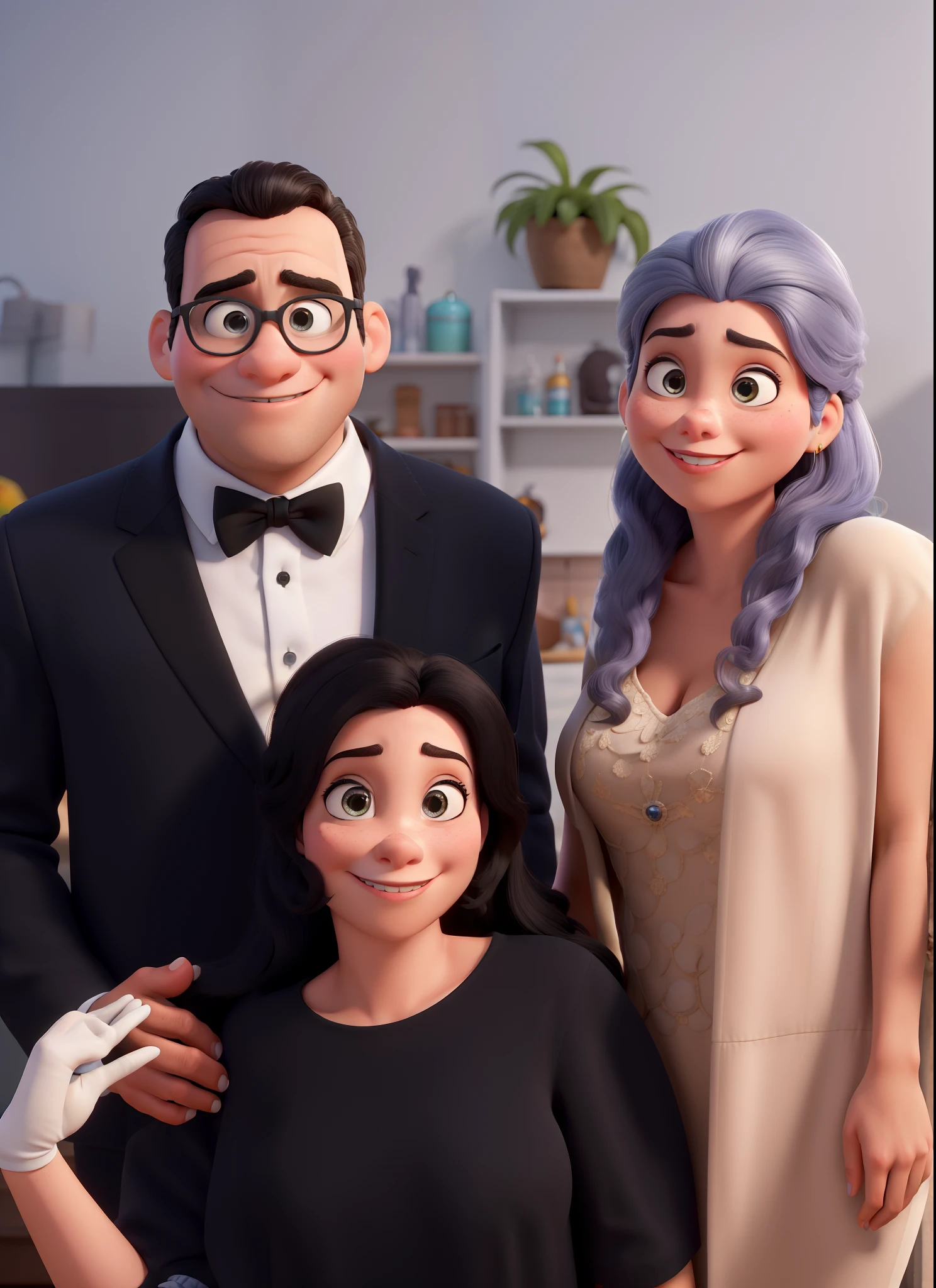 Obra-prima ao estilo Disney/Pixar in high quality and high resolution. A mulher na frente cabelo preto,o homem tem cabelo preto e a mulher a direita tem cabelo grisalho.