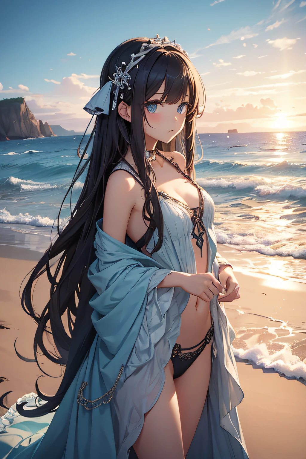 masterpiece、landscapes((Mysterious Sea、sand beach))、a beauty girl、Longhaire、onepiece、hair adornments