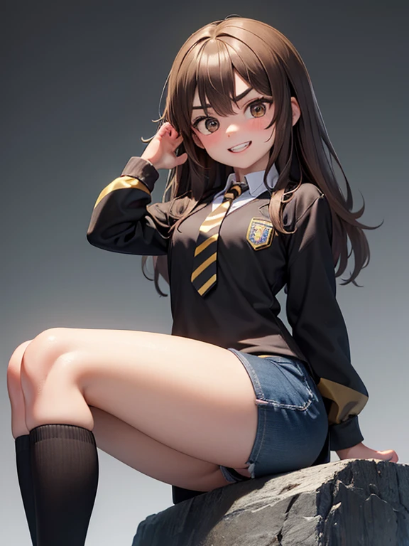 Realistic photo of an of European appearance(Yana Poplavskaya in childhood), disheveled shaggy brown hair of medium length, round face ; Large shiny dark brown eyes, long eyelashes, thick eyebrows; mischievous, Carefree, cheerful; cheerful, mischievous hooligan look, radiating genuine delight; big mouth, Large teeth; A wide hooligan grin, Showing a chipped front tooth; A direct look at the camera; athletic physique, well-defined muscles, velvety skin, Smooth natural tan; a beautiful teen-aged girl, ly adolescence); dressed in the realistic official official black robe of Hogwarts School of Witchcraft and Wizardry, Hufflepuff Faculty(gold and black colors, striped tie); sporty figure, (Slight embarrassment), black jeans, sneakers; Free pose ; Without cosmetics; Professional studio photography with a film SLR camera("Zorkiy-4"), hight resolution, Natural Realistic Detailed Skin Texture, natural lightin, 8K, Texture of the photo card, Maximum photorealism, Full-length photo on a gray background