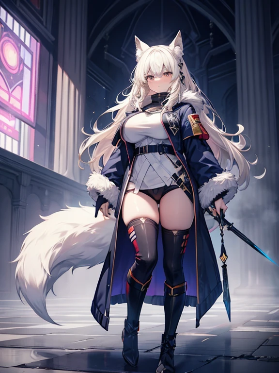 de pele branca, Massive, muscular girl, Kaiju, aggressive, Proud,long, wavy white hair,Long dark blue coat,very very gigantic boobs,muffler,Wolf Girl,Golden decoration,big tail,trouser,Big animal ears,long boots,Warm clothing,Clothes that are large in size,No skin exposure,Fluffy,venusbody,arknights,angry,Futanari,erection, large penis, large testicles, cock sheath, dark testicles, pink penis,