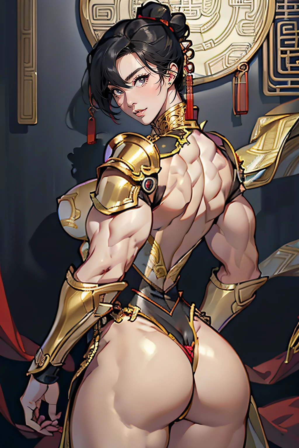 (High resolution, Pixels are perfect, luxurious illustration), (hyper quality, masutepiece, Ethereal: 1.4),(Solo:1.4), Black hair, Very short hair,  Yellow eyes, (angry), pale skin, (((((((muscular))))))), ((thick thighs)), ((Huge breasts)), Woman, ((((A MILF)))),  ((((chinese armor)))), (((Red armor))), (Leotard), (((wide hips))), ((greybackground)), (Shiny skin), ((Back)), (((Looking back))), (Ass_Pose), ((Hands on the buttocks)),