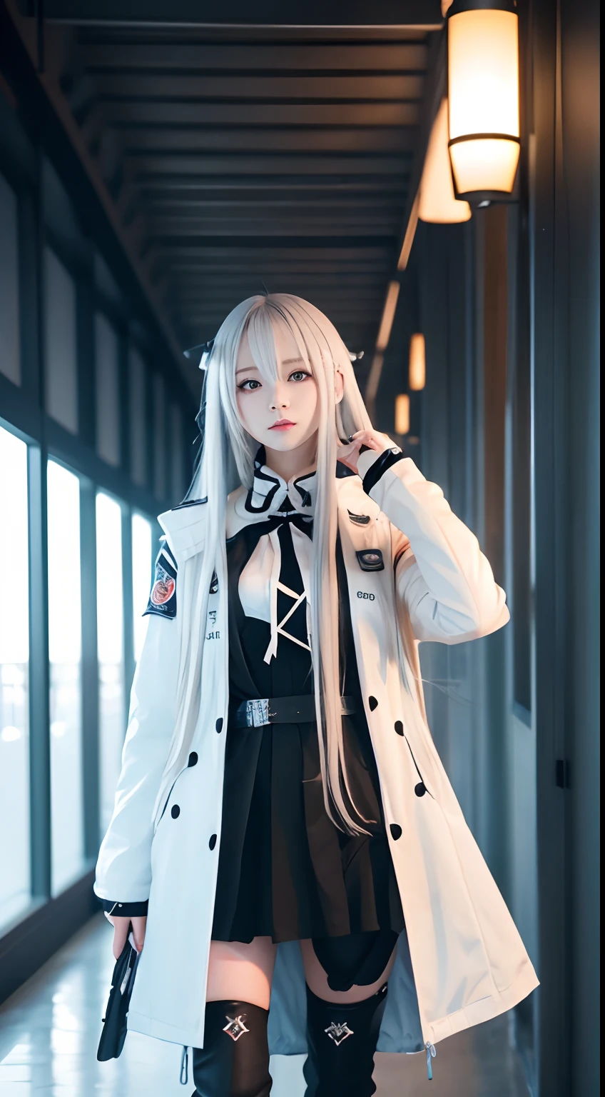 Anime girl with long hair and white coat standing in the hallway, girls frontline style, from girls frontline, from arknights, portrait anime space cadet girl, Cute anime girl, Anime visuals of cute girls, silver hair girl, an anime girl, Anime Mecha Aesthetics, anime aesthetic, Beautiful Anime Portrait, Portrait Anime Girl, pretty anime girl, Beautiful anime girl、