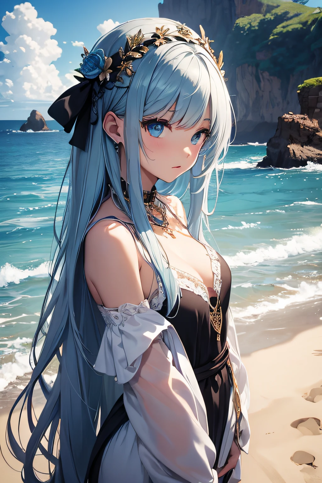 masterpiece、landscapes((Mysterious Sea、sand beach))、sixteen years old、a beauty girl、Longhaire、onepiece、hair adornments