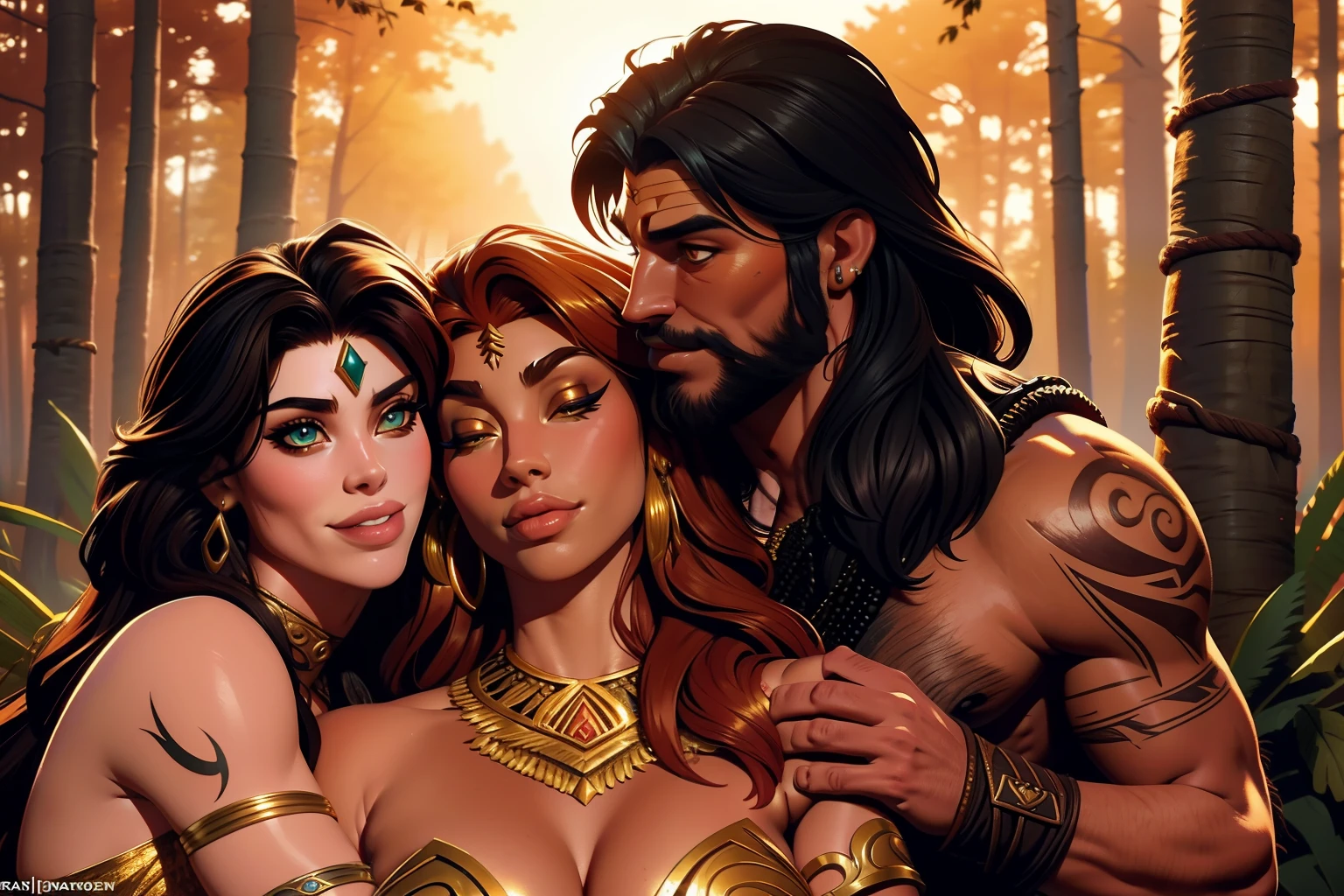 One Handsome Barbarian Chad eagerly hugging three beautiful bitches passionately-tackling him and touching him, camera angle: medium shot, dressed in primitive fantasy clothing, perfect sexy bodies, racially diverse skin tones, women: beautifully-textured long flowing wavy uncombed hair, seductive, materials, golden hour, , jewelry, golden hour, hyperphotorealistic, masterpiece, in love, grins, perfect faces, Flirtatious, setting: a barbarian camp in a fantasy forest, harem, watercolor, cinematic 8k professional photograph with raytracing and subsurface scattering and backlighting, tattoos