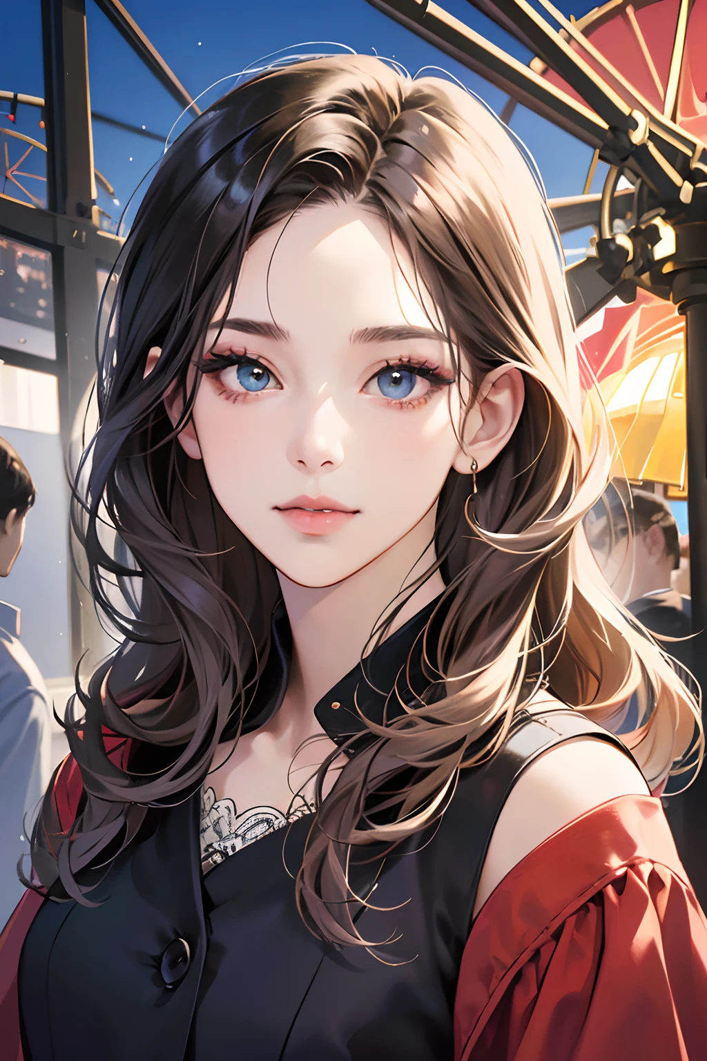 (masutepiece, Digital Art, Digital Illustration, 4K, 8K, Ultra-detailed, beautiful image, Sharp Image, Photorealistic, Raw photo, Perfect face, Perfect lines, Perfect eyes, Soft lighting) ,1 woman, (cabelos preto e longos,straight haired,Bullish gaze,Beautie,ellegance,Solid makeup,23 y-o woman,small tits:1.3),Two handsome men, (Men in suits,well-muscled,Firm shoulder width,Adult male,Boyish hairstyle,English gentlemanly style,Man in his 30s with a cool expression,28-year-old man with bright smile:1.2),Minato Mirai's Date、With the Ferris wheel in the background、merry-go-round、shopping