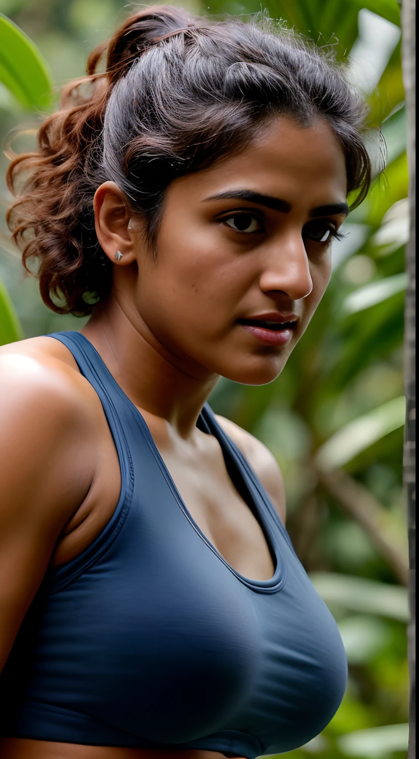 Showing her fitness for social media post, Face of PV Sindhu and Tapsee Pannu, perfect thick dusky Beauty, dynamic lighting, detailed unshaved armpits, super hot cop, mascular Woman doing exercise, Dynamic Lightning, Highest quality, (dramatic lighting:0.7), masterpiece, high angle shot, perky breast, big tight breast, RAW photo of (pale 45 year old military Special Force woman with short hair, mascular woman with heavy physique, looking up at the viewer), cute, Extremely sweat, (wearing sleeveless
square neck vest, thin cotton ), doing free hand excercise in a military camp in jungle, portrait, perfect face, alluring eyes, vivid detail, (highly detailed skin), freckles, sfw, (blue tint:0.6), (dirty:0.8), (bloody:0.7), key lighting, (backlighting:0.5), medium depth of field, photographed on a Canon 5D, 50mm lens, F/4 aperture, (hyperdetailed, intricate details), sharp focus, muted colors, 8k, absurdres, 8mm film grain, war photography, perfect eyes, detailed eyes,