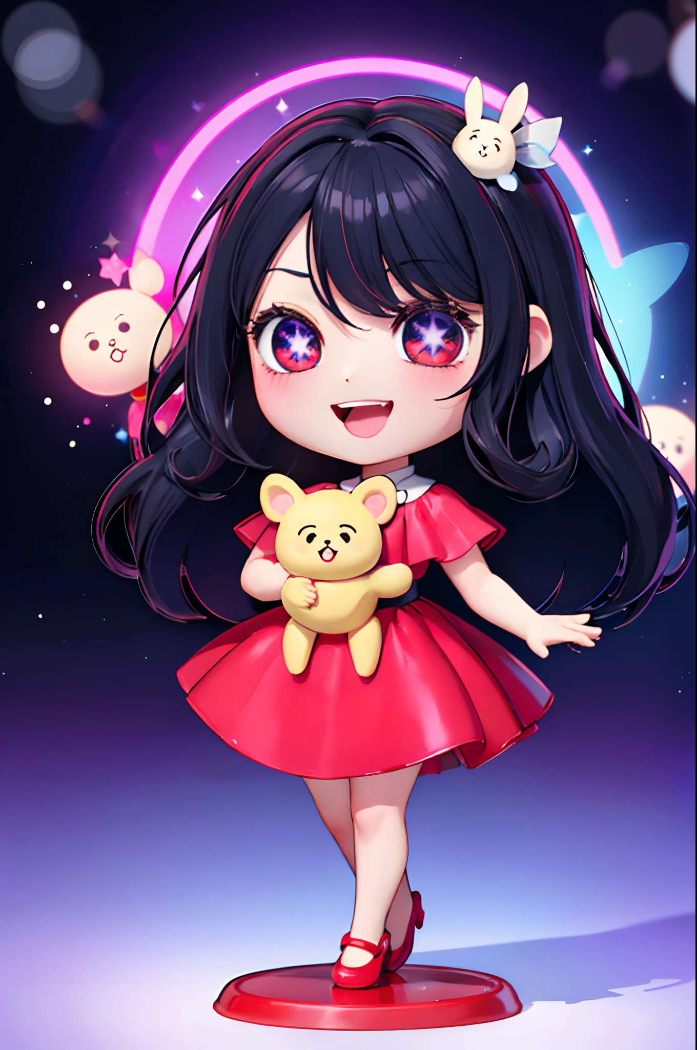 ((top-quality))、 ((​masterpiece))、Place one small doll on a circular stand、kawaii pose、A smile、A dark-haired、Chibi Doll、Stars in the eyes（kirakira）、Singing with microphone in hand、Eye Up、Laugh、Cute red shoes、Ultra Detail, radiant light、bio luminescent、Stronger bokeh effect