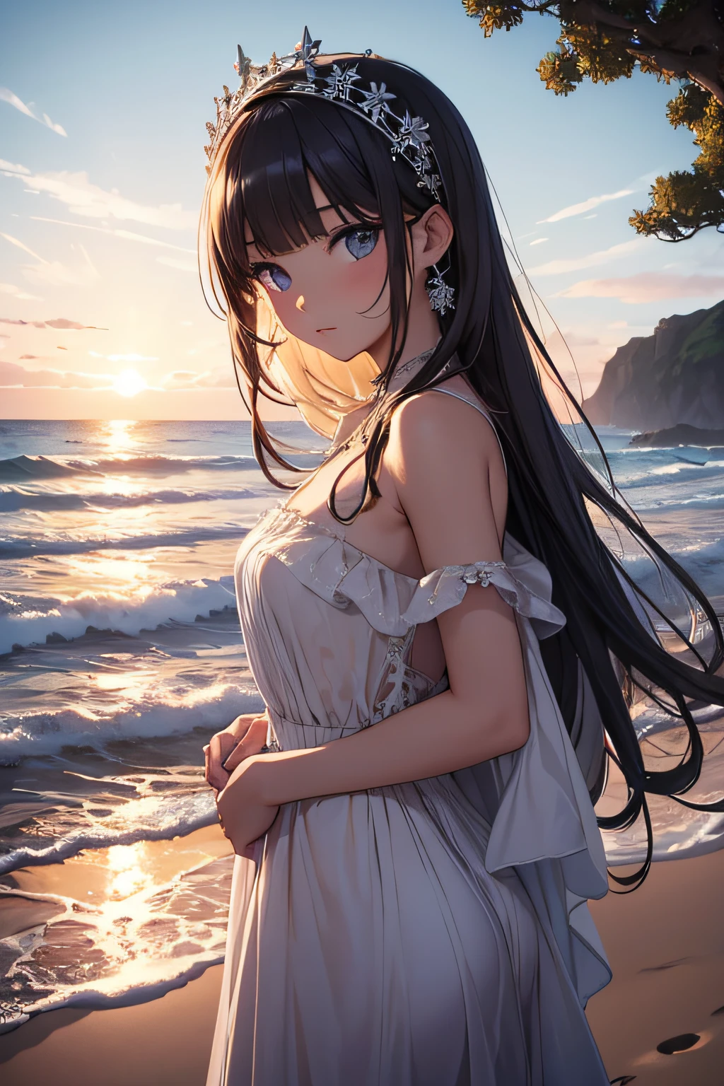 ​masterpiece、landscapes（（Mysterious Sea、sand beach））、sixteen years old、huge tit、a beauty girl、Longhaire、Embroidered mini dress、hair adornments、heavy wind、Skirt suppressed