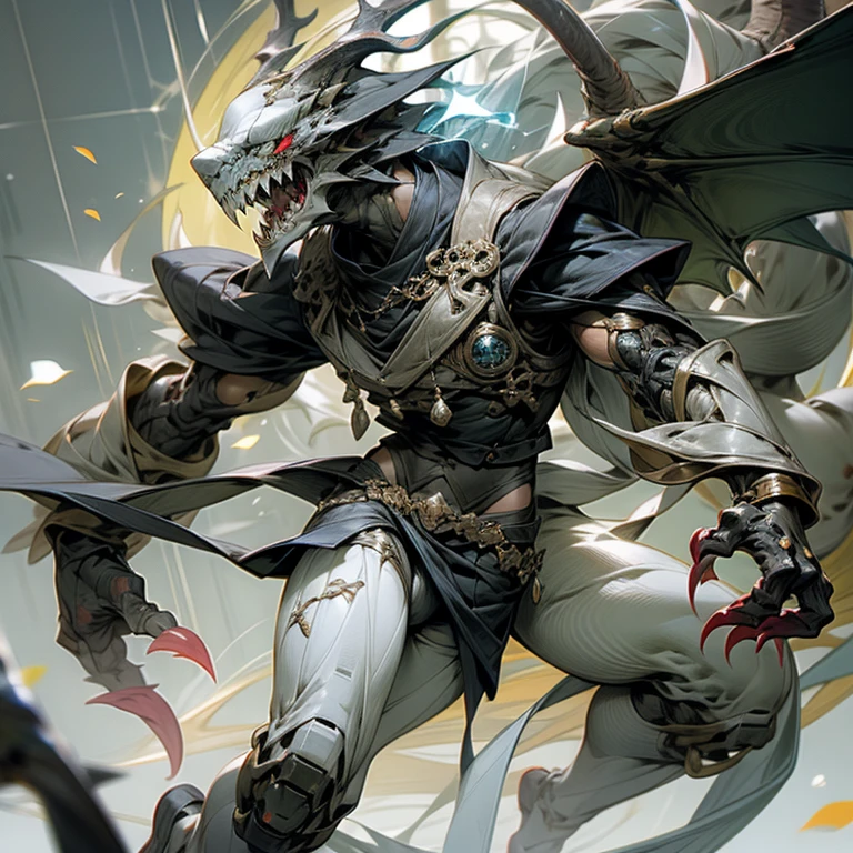 Three-meter-long humanoid aliens,Slender figure,Arms and legs are elongated,There is a waistcoat on the feet,Long hands with large sharp claws,The fair-skinned body has black stripes,The white head has antlers,No eyes,There is a blue gem on the head and a huge jaw full of teeth,An electric aura,No hairy,Dragon tail,Dragon wings,Loincloth