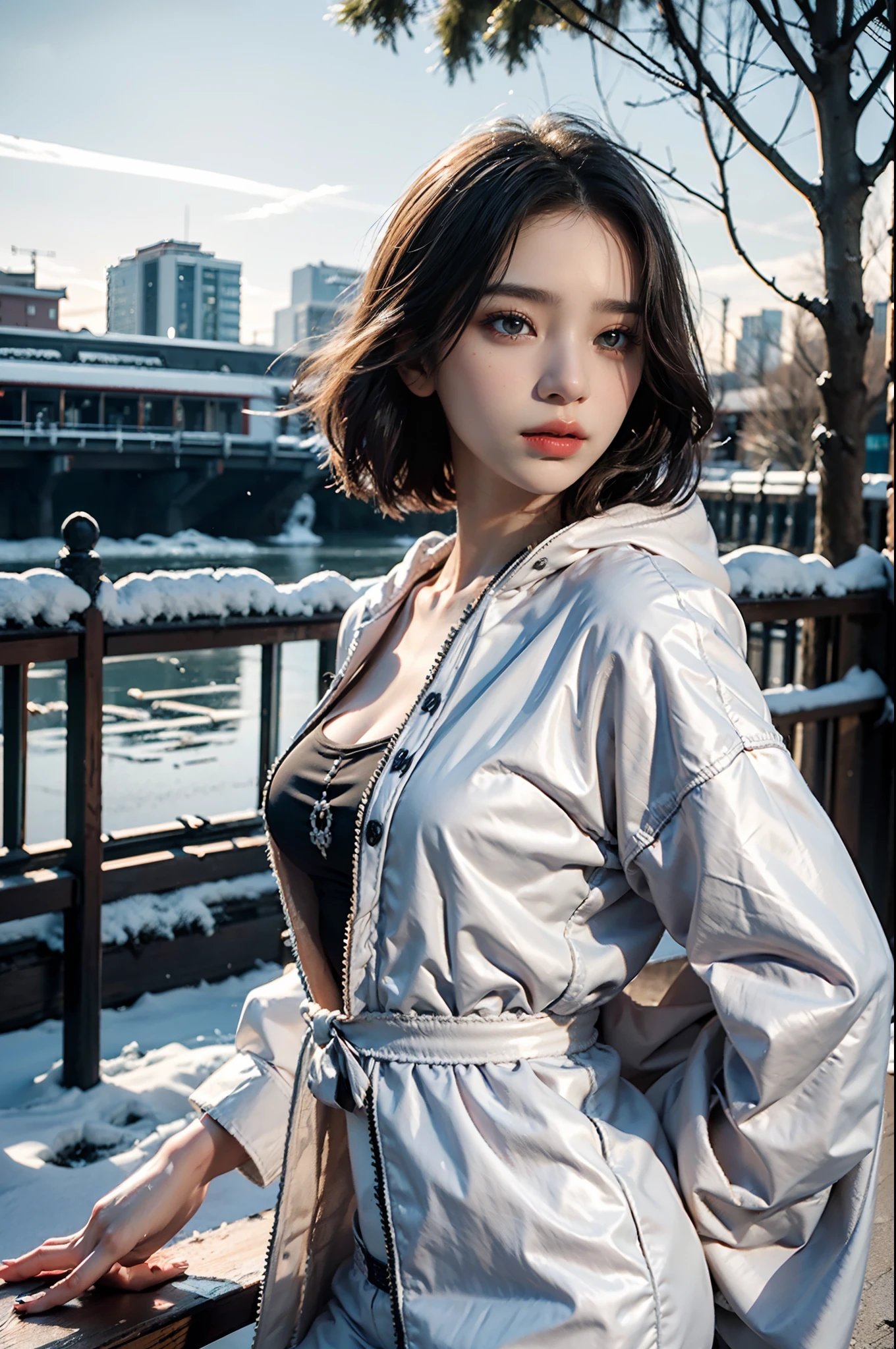 Top Quality, Masterpiece, High Resolution, 8k, wide objective, full body shot, (((skinny cute girl, barely legal, age 14), (oversized silky see-through puffer jacket with plunging Neckline, off-shoulder, short sleeves), mediumperky breasts, extremely detailed face, detailed eyes, thin eyebrow, detailed lips, no makeup, long slick ponytail side shaved hair, small hips, (in a spaceship, on a bed), dim light, dramatic and neon colors, futuristic setting, intricate details, at night, random pose, random neon colors))