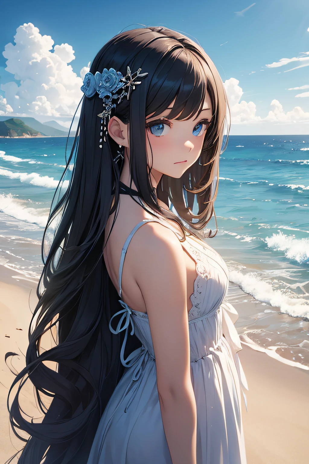 masterpiece、landscapes((Mysterious Sea、sand beach))、sixteen years old、a beauty girl、Longhaire、onepiece、hair adornments