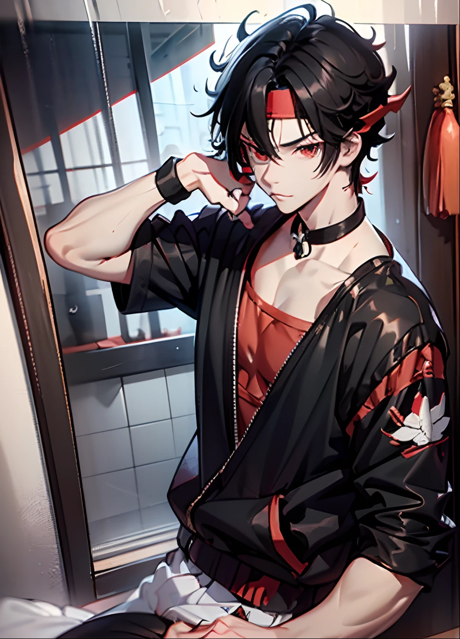 anime boy, anime male, Black color hair, with red eye，red headband on forhead, comma hair, korean hair, forhead comma hair, ((China-style))