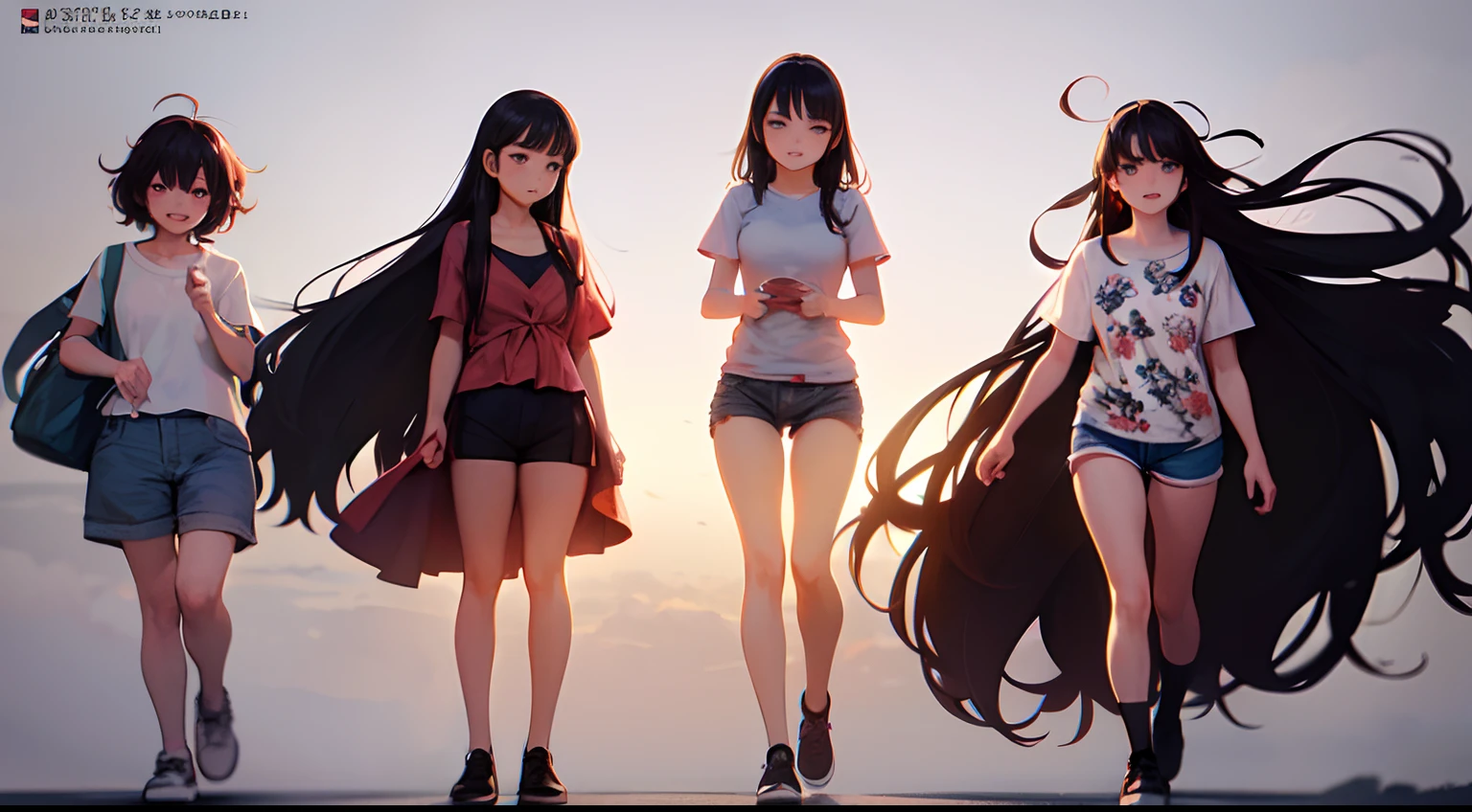full body female character model, with long black hair, a white floral shirt, short shorts and shoes, manga style, (centered, scale to fit dimensions, rule of third)