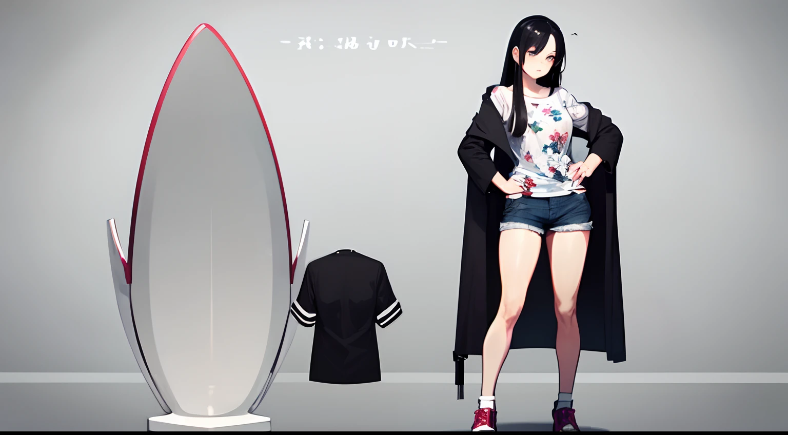 full body female character model, with long black hair, a white floral shirt, short shorts and shoes, manga style, (centered, scale to fit dimensions, rule of third)
