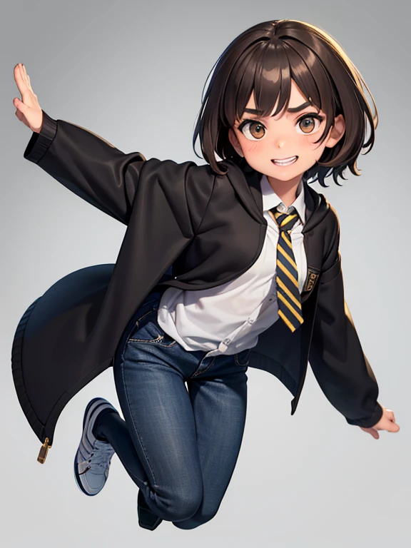 Realistic photo of an 11-year-old girl of European appearance(Yana Poplavskaya in childhood), disheveled shaggy brown hair of medium length, round face ; Large shiny dark brown eyes, long eyelashes, thick eyebrows; mischievous, Carefree, cheerful; cheerful, mischievous hooligan look, radiating genuine delight; big mouth, Large teeth; A wide hooligan grin, Showing a chipped front tooth; A direct look at the camera; athletic physique, well-defined muscles, velvety skin, Smooth natural tan; a beautiful teen-aged girl, (Early adolescence); dressed in the realistic official official black robe of Hogwarts School of Witchcraft and Wizardry.., Hufflepuff Faculty(gold and black colors, striped tie); sporty figure, (Slight embarrassment), black jeans, sneakers; Free pose ; Without cosmetics, without underwear; Professional studio photography with a film SLR camera("Zorkiy-4"), hight resolution, Natural Realistic Detailed Skin Texture, natural lightin, 8K, Texture of the photo card, Maximum photorealism, Full-length photo on a gray background