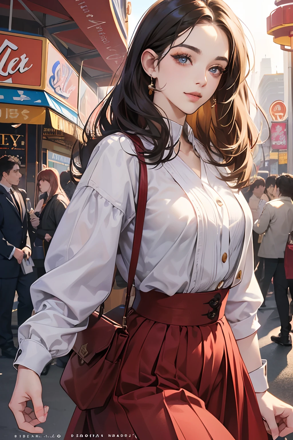(masutepiece, Digital Art, Digital Illustration, 4K, 8K, Ultra-detailed, beautiful image, Sharp Image, Photorealistic, Raw photo, Perfect face, Perfect lines, Perfect eyes, Soft lighting) ,1 woman, (cabelos preto e longos,straight haired,Bullish gaze,Beautie,ellegance,Solid makeup,23 y-o woman,small tits:1.3),Two handsome men, (Men in suits,well-muscled,Firm shoulder width,Adult male,Boyish hairstyle,English gentlemanly style,Man in his 30s with a cool expression,28-year-old man with bright smile:1.2),Minato Mirai's Date、With the Ferris wheel in the background、merry-go-round、shopping