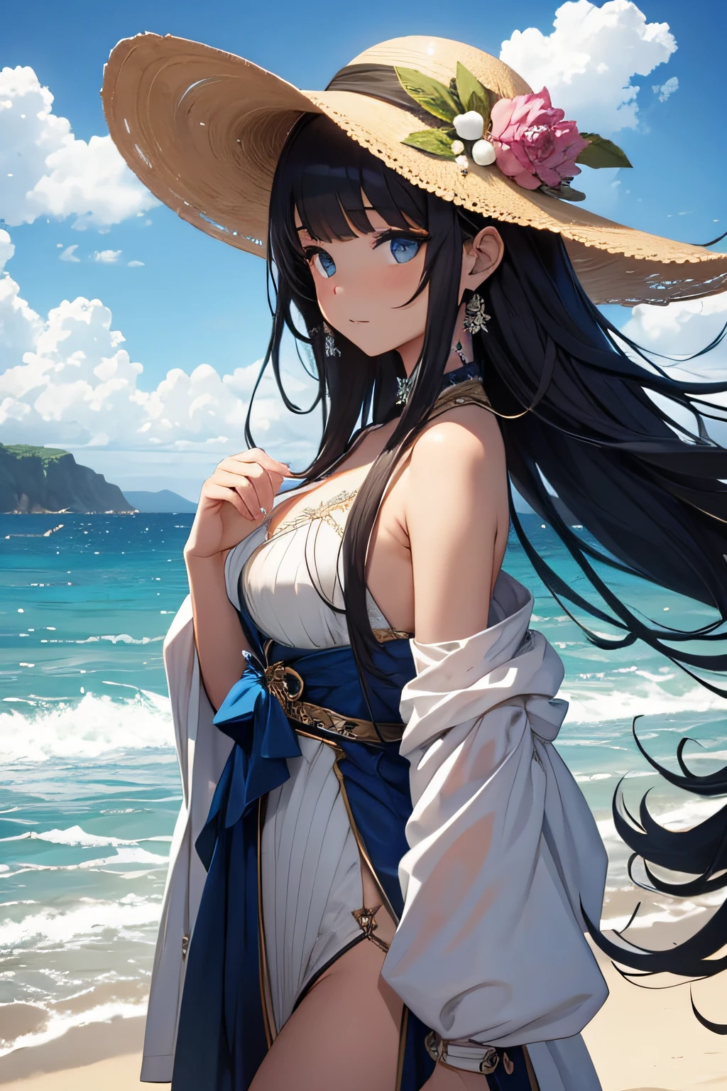 masterpiece、landscapes((Mysterious Sea、sand beach))、a beauty girl、Longhaire、onepiece、hair adornments