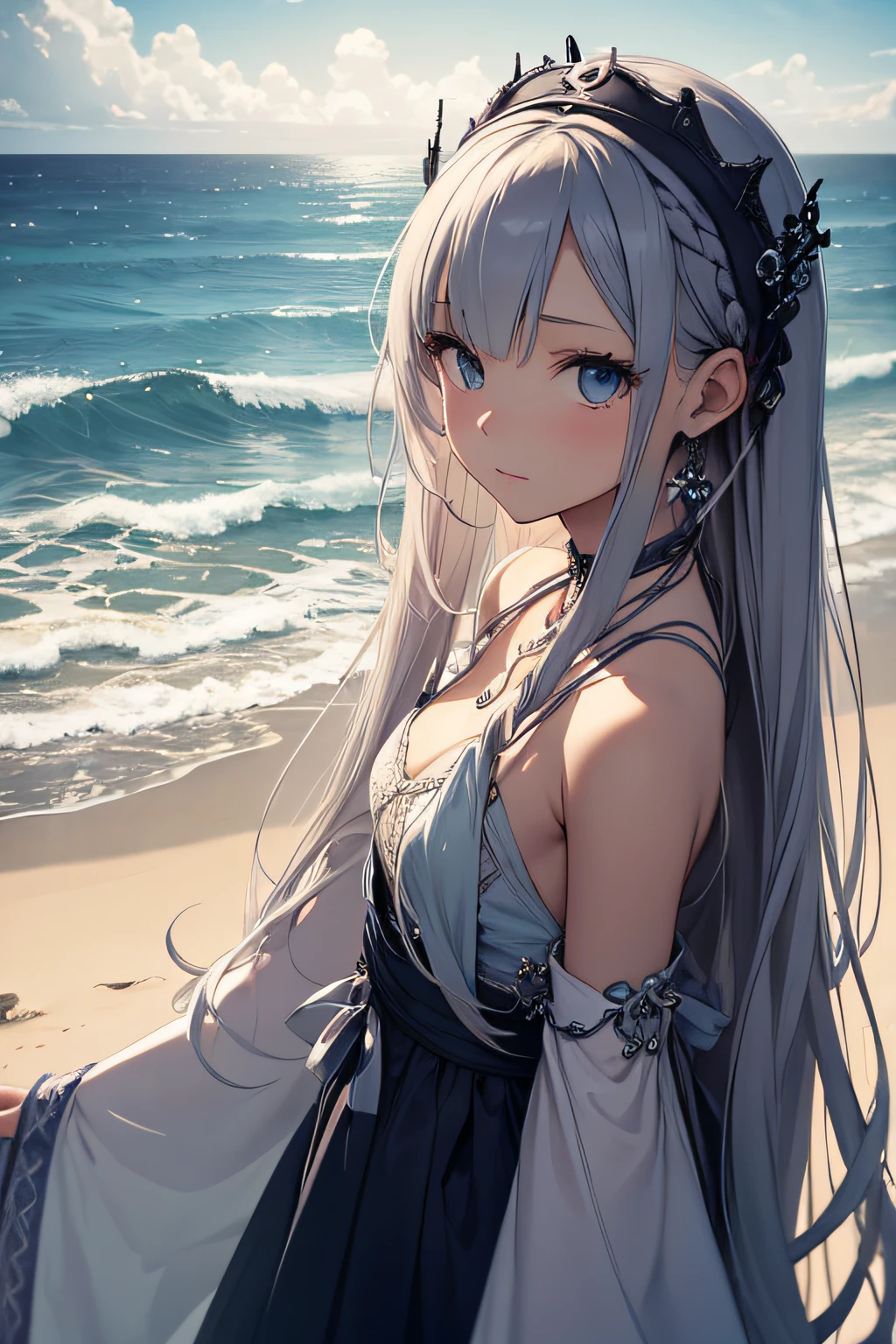 highest quality、Realistic、female、zoom、cute、Gray Eyes、Platinum Blonde Hair、long hair、 Dresses、Ocean、blue sky、