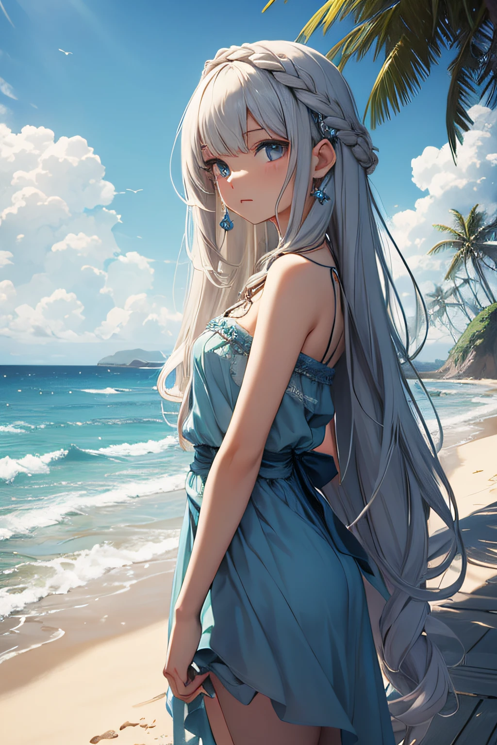 ​masterpiece、landscapes（（Mysterious Sea、sand beach））、sixteen years old、a beauty girl、Longhaire、onepiece、hair adornments
