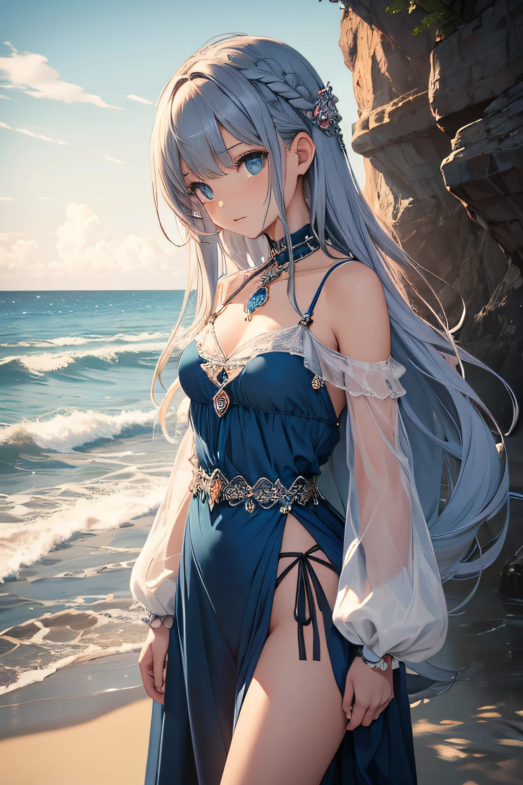 masterpiece、landscapes((Mysterious Sea、sand beach))、、a beauty girl、Longhaire、onepiece、hair adornments