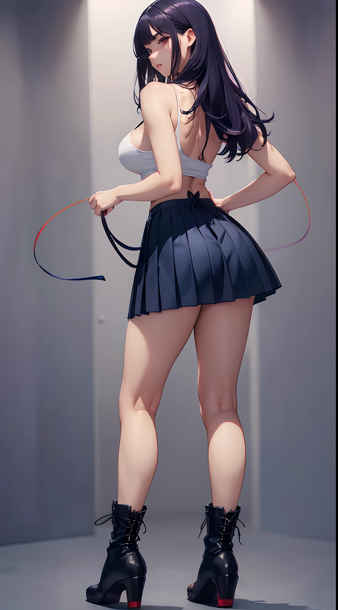 (Best quality, 8K, 12), 1 white girl, 18 years old, long dark purple hair, red eyes, (((full body))), giant breast, curvy, (((ultra detail face, ultra-detailed eyes))), slender eyes, ultra detailed lips, ultra detailed body, ultra detailed breast, convex areolas, (((white tank top with big neckline, cleavage, dark blue pleated skirt, thick legs visible, high heel black boot, red shoelace))), standing, (((back view))), looking the viewer, (((full body back view))), neutral gray background
