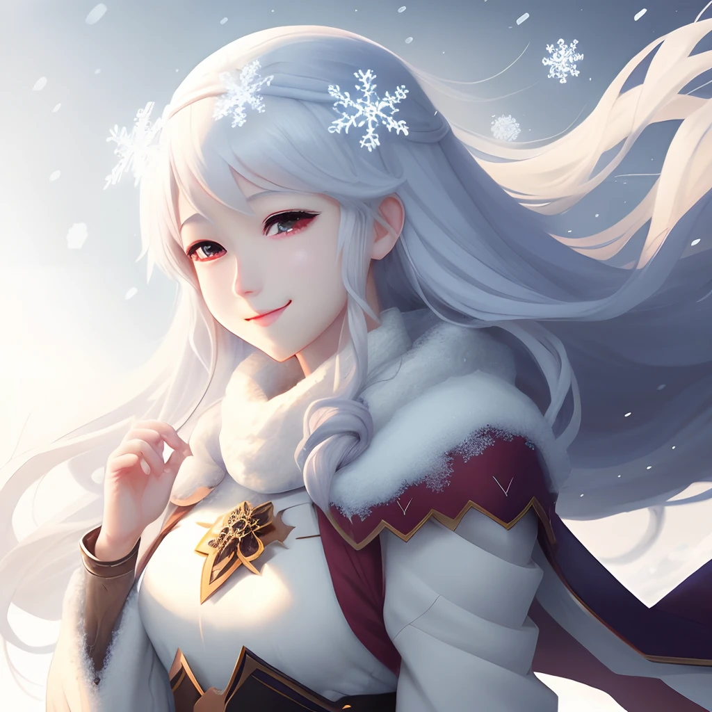 Anime girl wearing snowflakes and snowflakes and white dre, beautiful anime artwork, beautiful anime art, Beautiful anime girl, beautiful anime woman, Beautiful Anime Portrait, beautiful fantasy anime, guweiz on pixiv artstation,Anime girl with completely pure white long hair fluttering in the wind, Very white skin、anime fantasy illustration, Beautiful anime, high definition anime art, anime fantasy artwork, goddess of winter、 perfectly proportions Smiling The bust is the ideal size、The fingers are pure white and beautiful