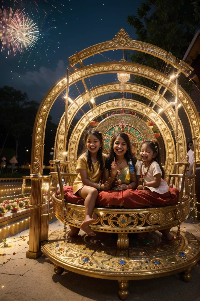 (best quality, high definition image, high-resolution, masterpiece:1.2), joyful Deepavali celebration, festive atmosphere, happy family gathering, delightful children's laughter, colorful firework display, mouth-watering traditional food, heartwarming moments, vibrant decorations, traditional attire, warmth and love, radiant smiles, sparkling lights, cultural heritage