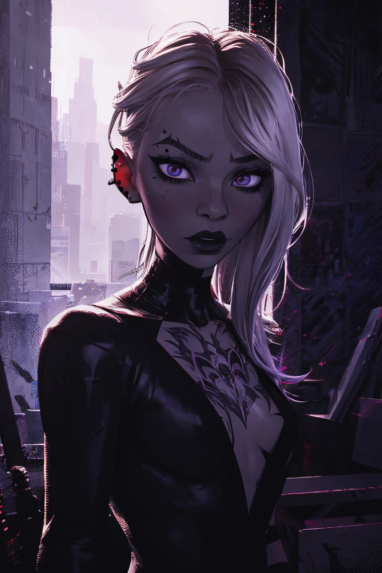 best quality,ultra-detailed,realistic,3D rendering,Gwen Stacy,goth style,dark makeup,pale skin,long black hair,punk clothing,edgy look,expressive eyes,black lipstick,stripe patterns,tattoos,piercings,intense gaze,grunge background,stark contrast,dramatic lighting,moody atmosphere,vivid colors