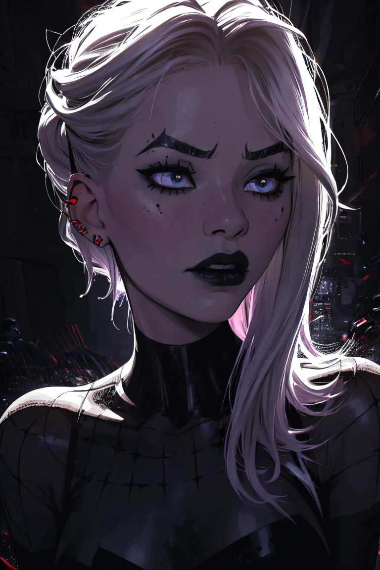 best quality,ultra-detailed,realistic,3D rendering,Gwen Stacy,goth style,dark makeup,pale skin,long black hair,punk clothing,edgy look,expressive eyes,black lipstick,stripe patterns,tattoos,piercings,intense gaze,grunge background,stark contrast,dramatic lighting,moody atmosphere,vivid colors