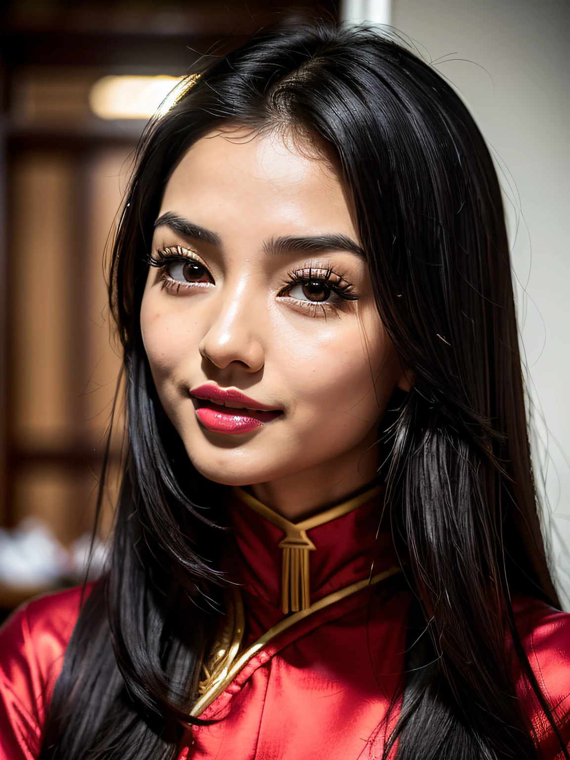 ((Masterpiece)), ((Realistic)), 8k, ((headshot)), (looking_at_viewer), (((extremely cute))), ((young chinese woman)), ((small broad captivating monolid ((black eyes)))), young Tang Yan:0.2, young Aishwarya Rai:0.1, Jade Thirlwall:0.2, young Miranda Kerr:0.1, young Cheryl:0.3, Angela Yeung Wing:0.1, young Ana de Armas:0.2, young Victoria Justice:0.2, young Eva Longoria:0.2, ((black hair)), ((red thin lips)), ((small nose)), (((red lipsstick))), ((round face)),((small eyebrows)), perfect smiling