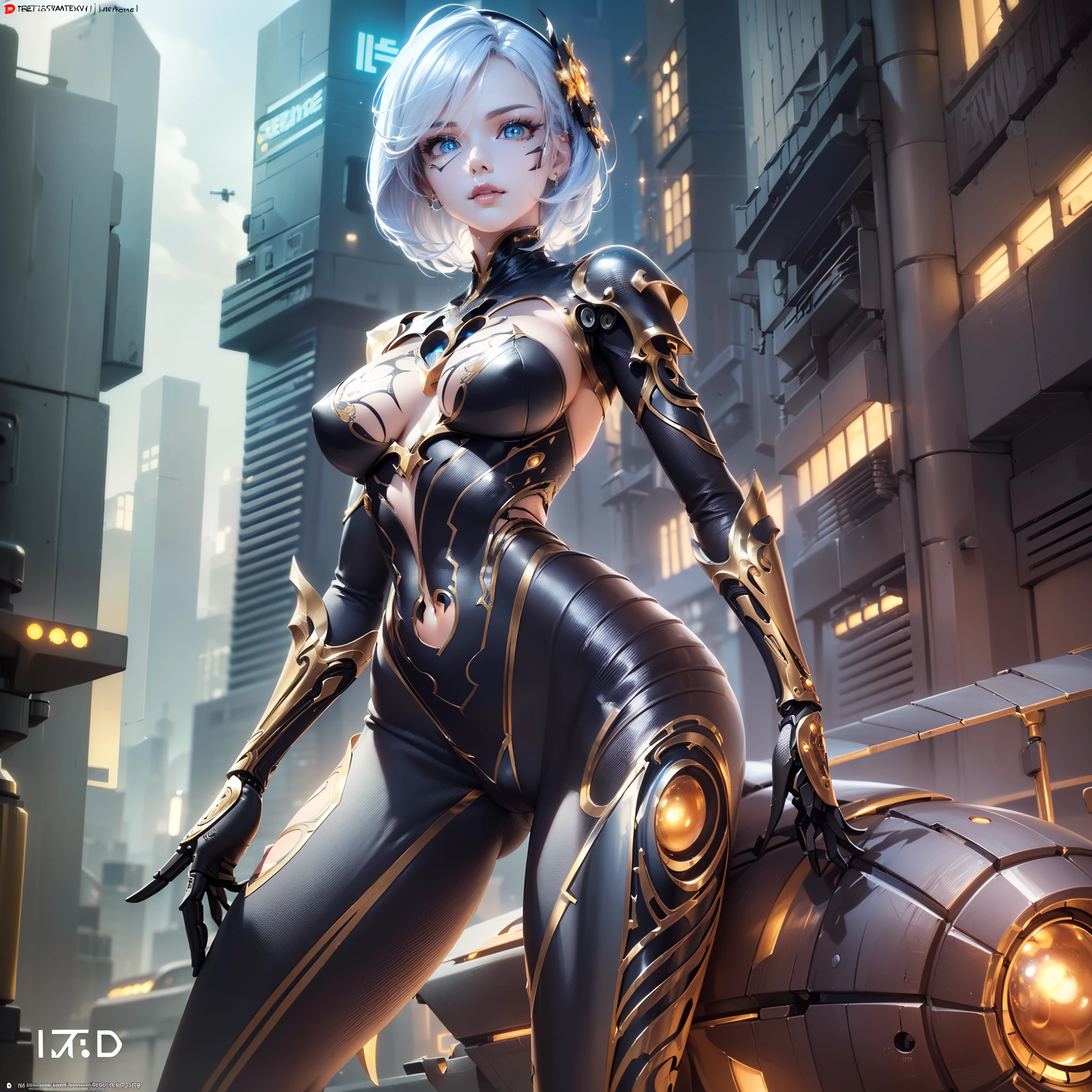 (Best Quality),(Ultra Precision),(Ultra High Definition),(Detailed Description),(16k,Ultra High Definition),Masterpiece,Sharpness:1.6,Anime,Wallpaper, 1 Person,(((Detailed Machine Body:1.4)),Height:1.2,Egg Face:1.6,Skin Details,Big:1.9,Slim Abdomen,Beautiful Body Line,(Detailed and Detailed Beautiful Face:1.7)),Clavicle,Hipbone,Ribs:1.3,( Naked Torso:1.1),(Steep Angle Costume with Detailed Description:1.9),High-leg Pants,Fashion Model-like:1.6,(Mechanical Eyes Glowing with Detailed Description:1.4),Cyberpunk:1.6,Neon:1.5,Cybercity:1.5