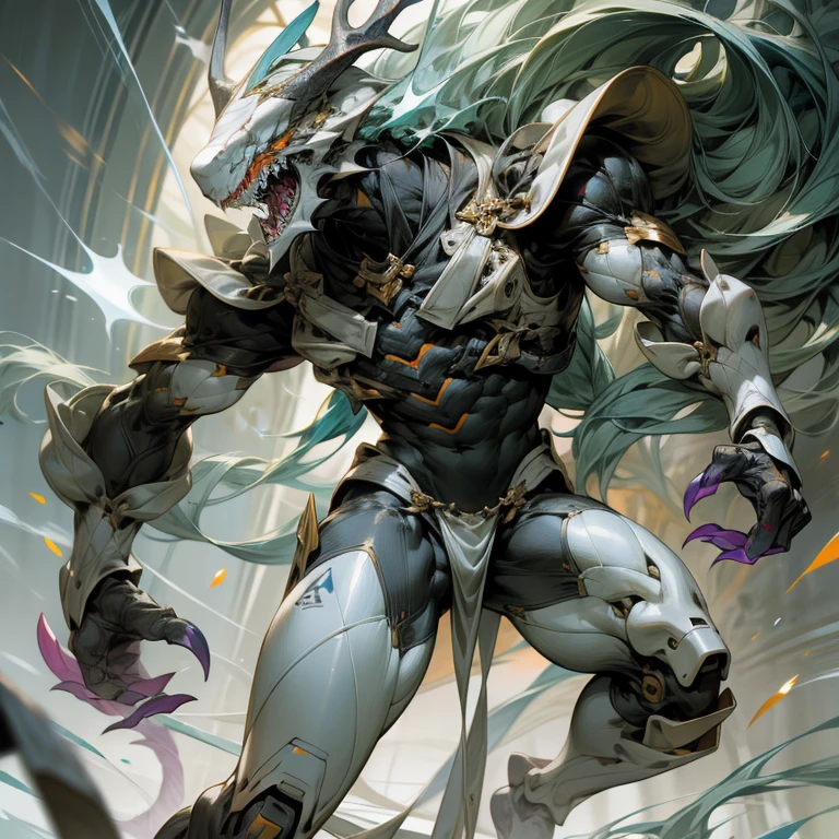 lion snake horse, fusion with human body , in fighting stance using a machine gun bloodied body