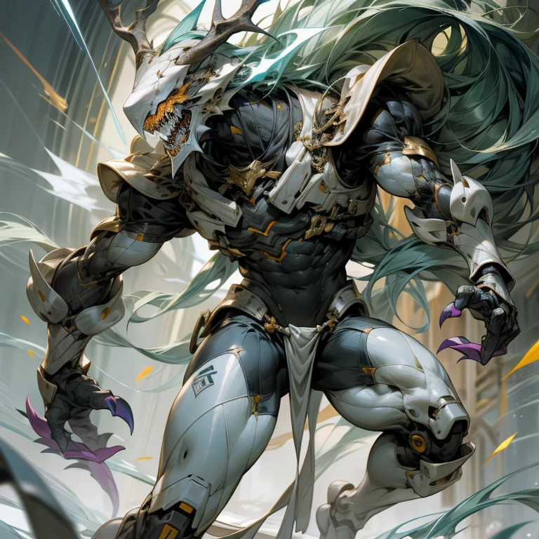 Three-meter-long humanoid aliens,Slender figure,Arms and legs are elongated,There is a vest on the foot,Long hands,Large, sharp claws,The fair-skinned body has black streaks,The white head has antlers,No eyes,There is a blue gemstone on the head,The chin is full of teeth,electric aura,No hairy,Dragon tail,Dragon wings,loincloth