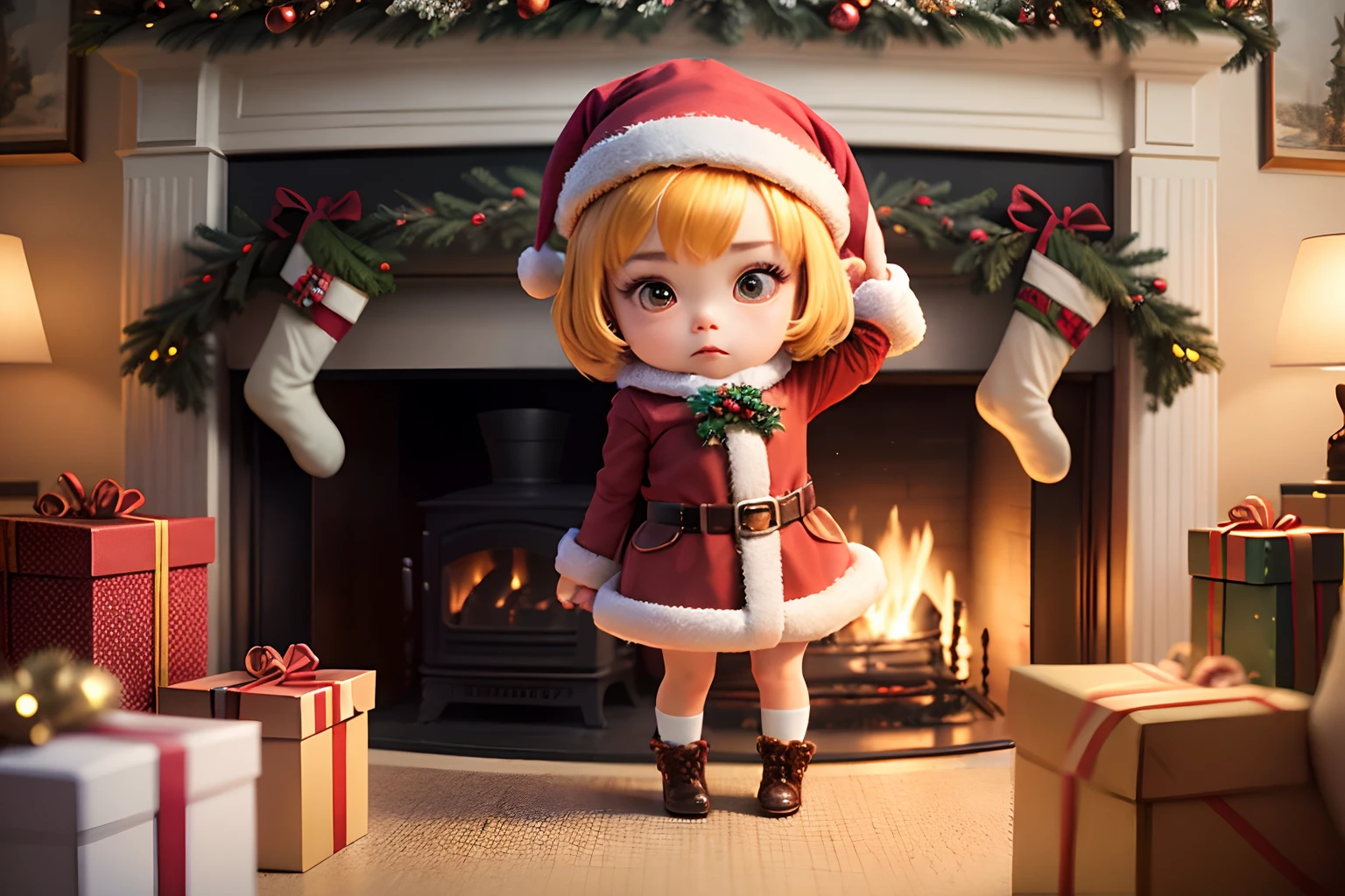 masterpiece、top-quality、ultra-detailliert、(Chibi Chara Christmas Cosplay:1.2)Front View Full Christmas Tree, Armchairs and fireplace, Real Photographics, hyper realistic rendering, lifelike rendering, 8K, --v6