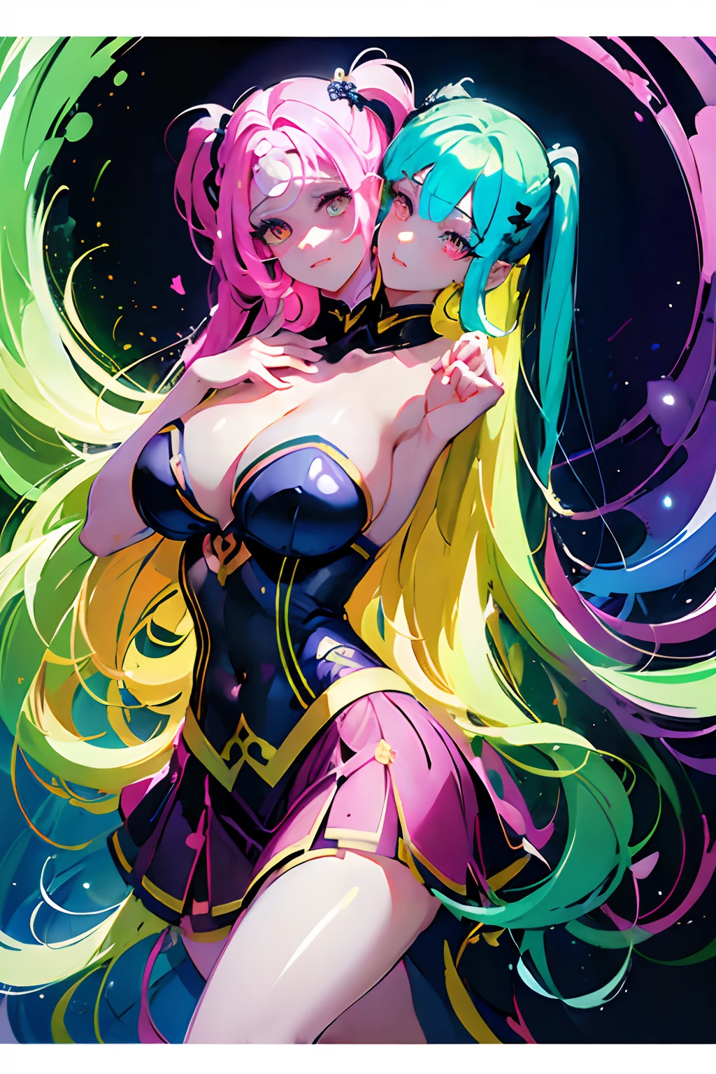 (masterpiece, best quality), best resolution, (2heads:1.5), 1girl, Woman with long light hair and bright makeup, twin tails, braided hair, extremely thick braids, heads pressed together, heads tilted together, long skirt, uniform, anime style, extremely long hair, perfect clear face, perfect anatomy, painting of a, Vivid neon ink painting, Vibrant digital painting, Vibrant digital art, colorful art, art of alessandro pautasso, vibrant cartoon art, jen bartel, colorful digital art, Colorful paintings, Colorful Digital Painting, Hypercolor Digital Art, Vivid paintings, Full-color digital art, colourful drawing, vibrant fan art